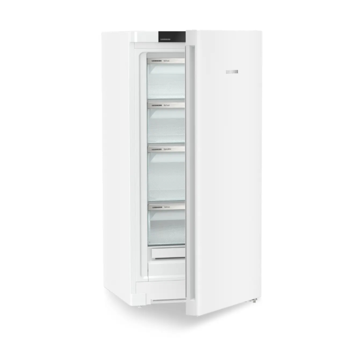 Un réfrigérateur blanc avec portes vitrées, sur fond blanc.