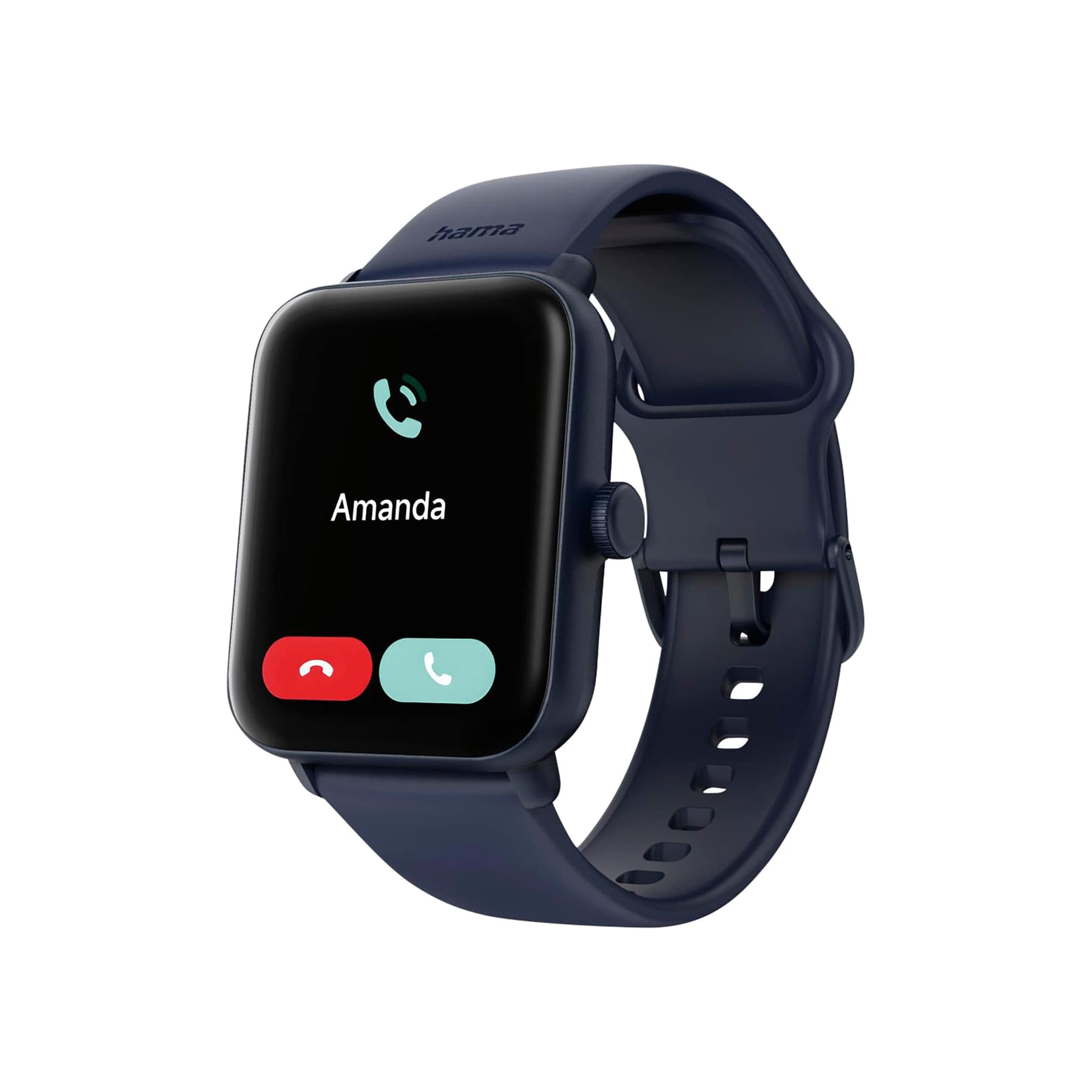 Uno smartwatch blu scuro mostra una chiamata in arrivo da Amanda.