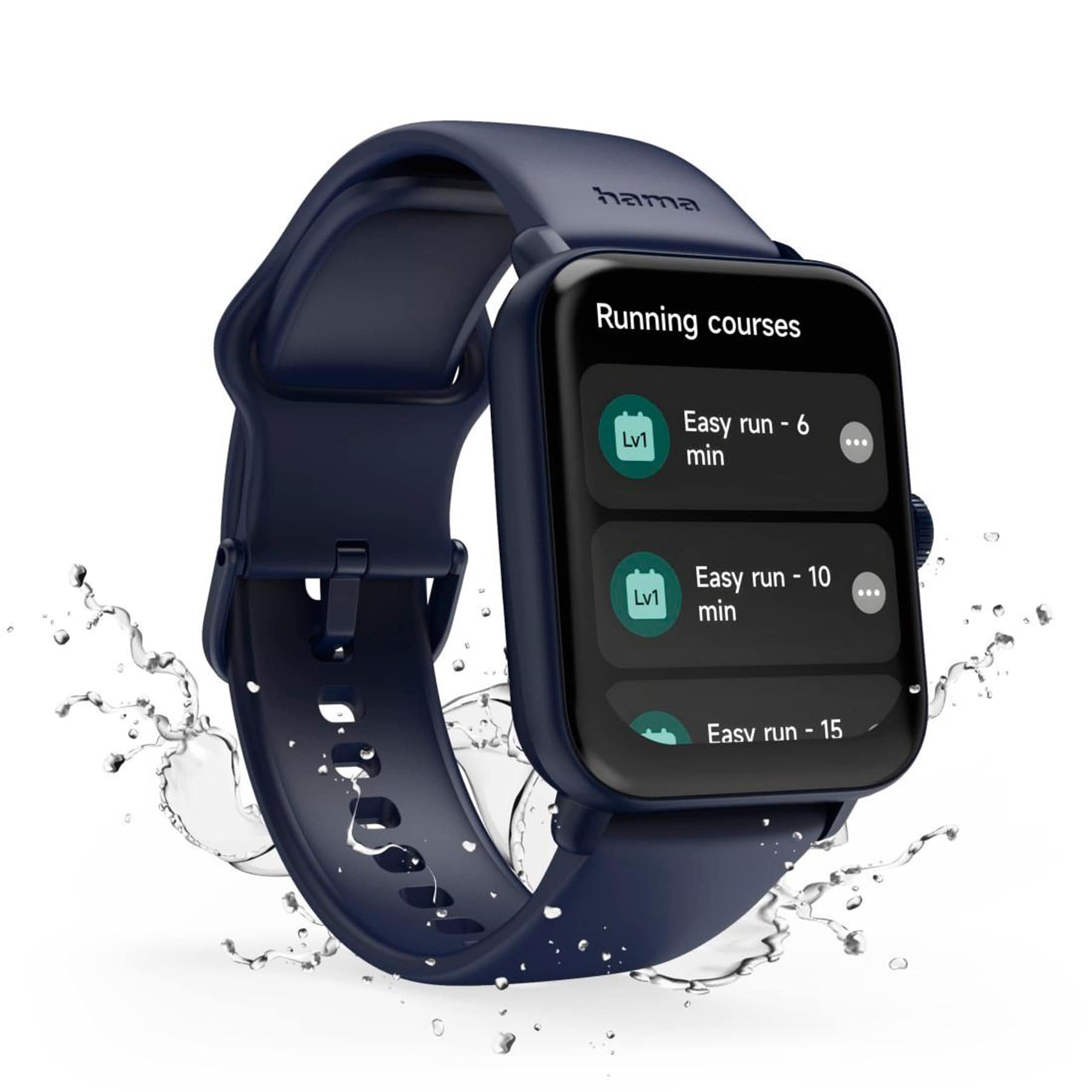 Smartwatch blu scuro con corsi di corsa sullo schermo, schizzi d'acqua.