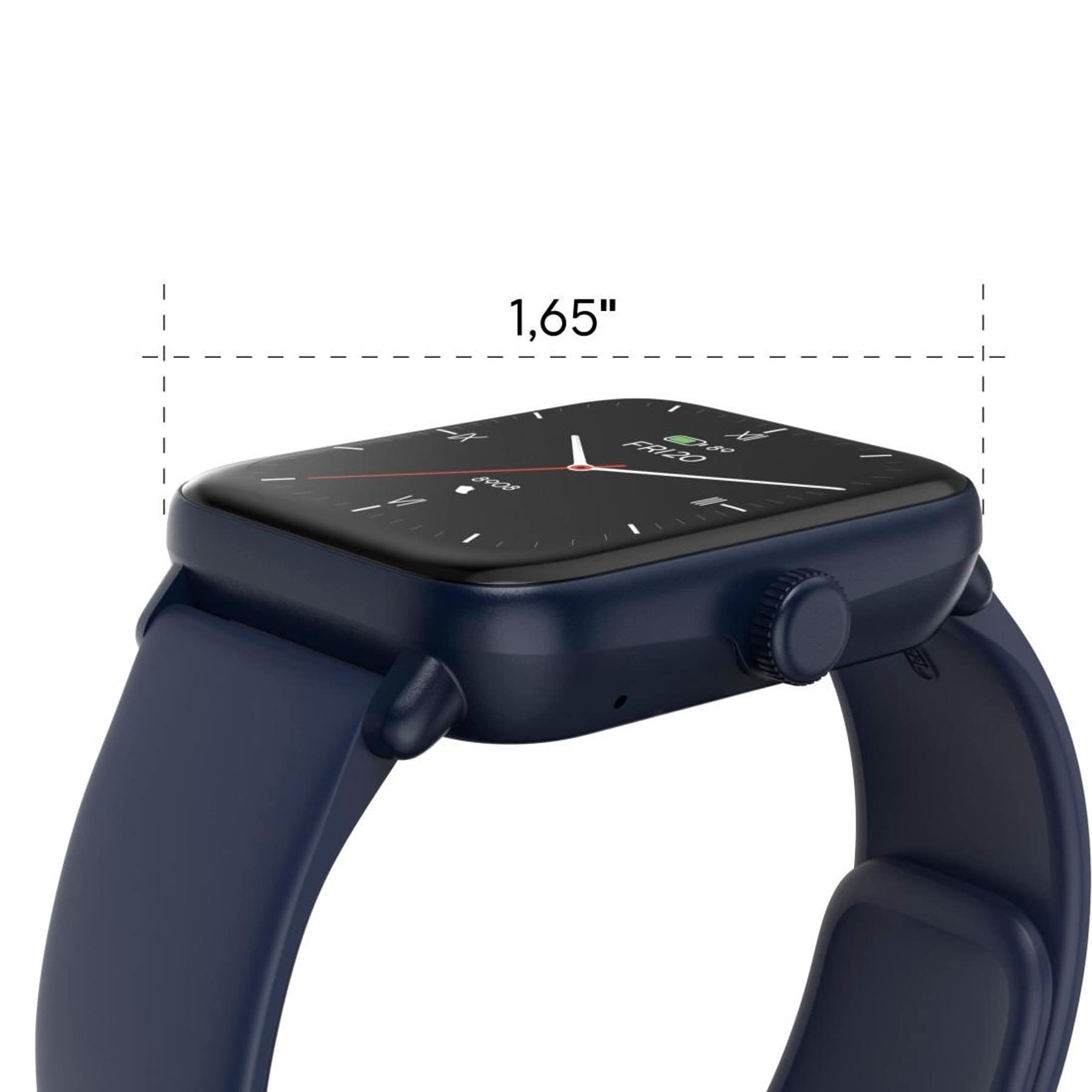 Smartwatch blu scuro con schermo da 1,65 pollici e display digitale.