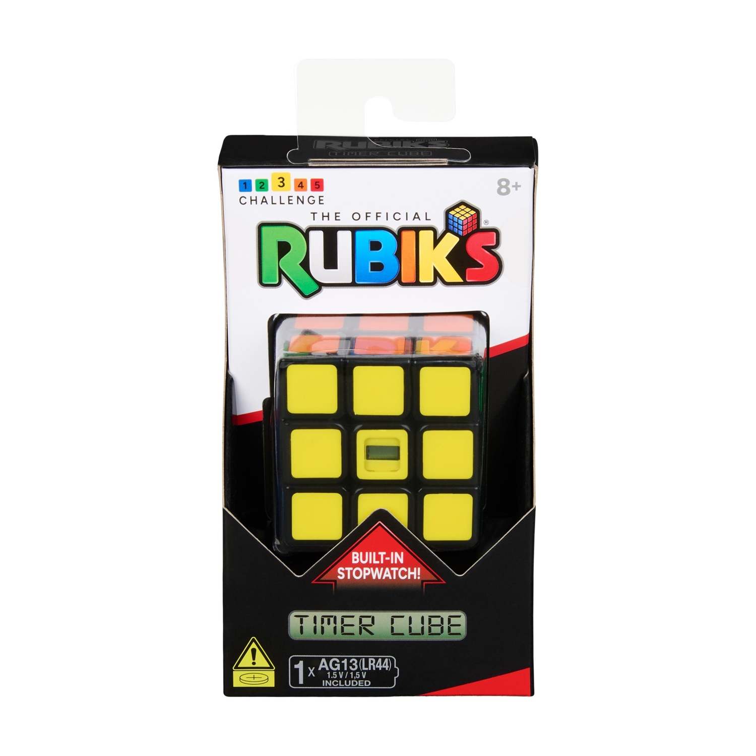 Verpackte Rubik's Timer Cube mit gelben Seiten und Stoppuhr.