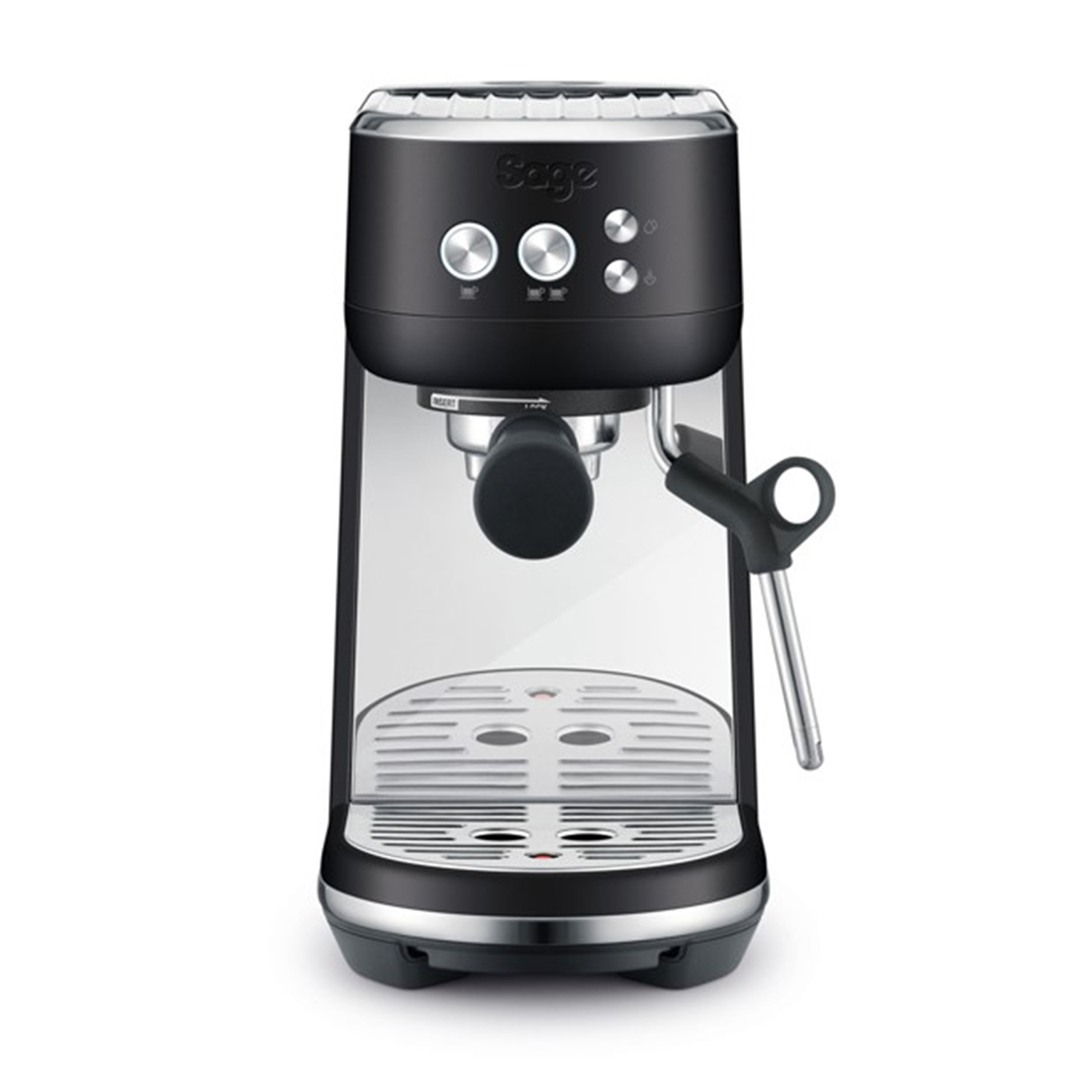 Eine schwarze Espressomaschine mit silbernen Bedienelementen und Tropfschale.