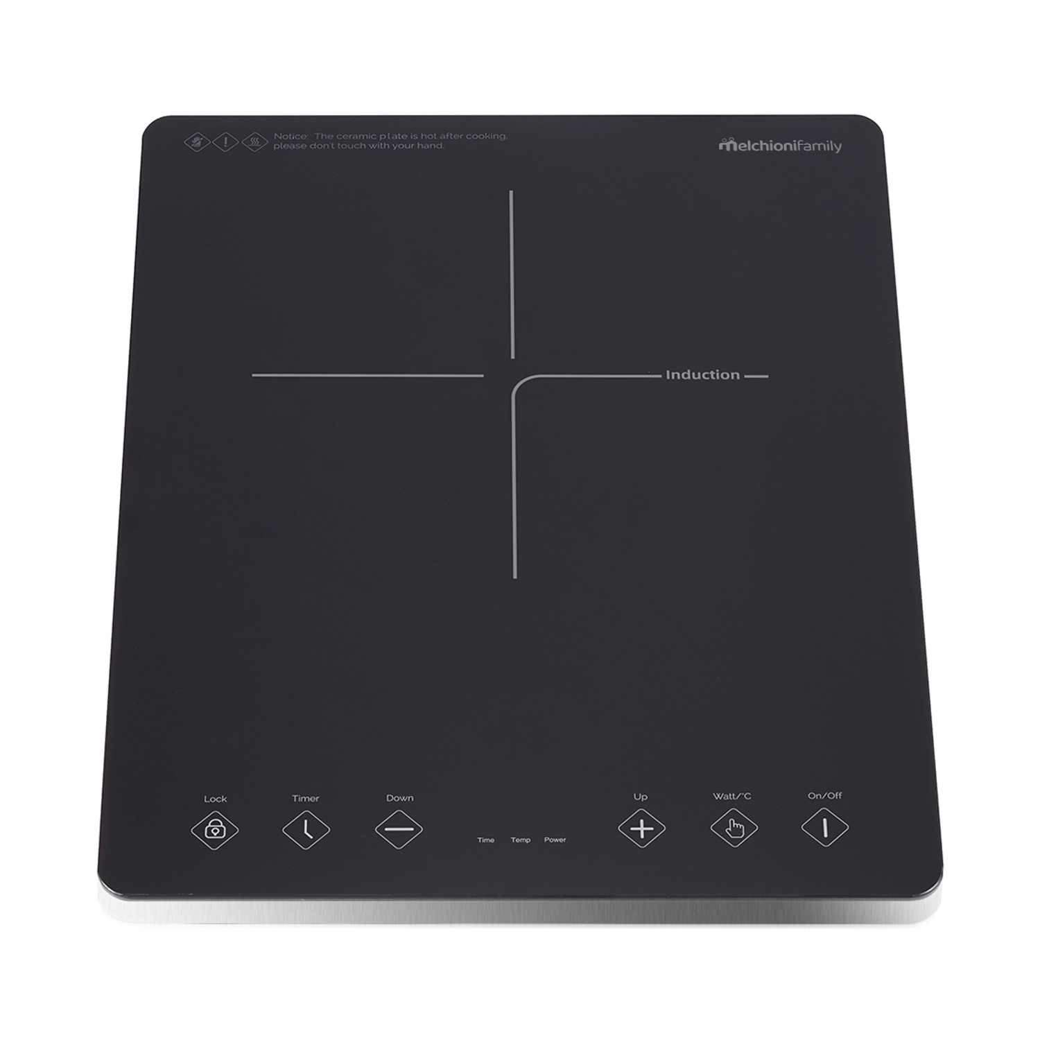 Placa de inducción negra con controles táctiles e iconos de advertencia.