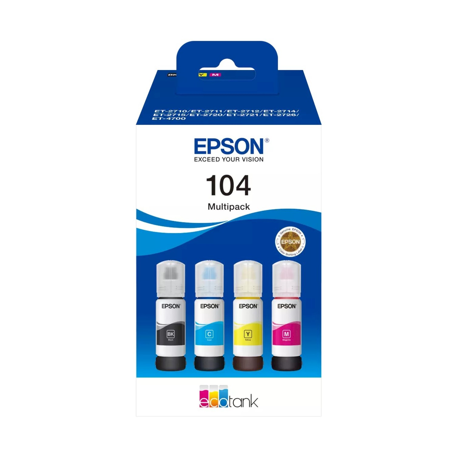 Confezione multipla Epson EcoTank 104 con 4 flaconi d'inchiostro: Nero, Ciano, Giallo, Magenta.