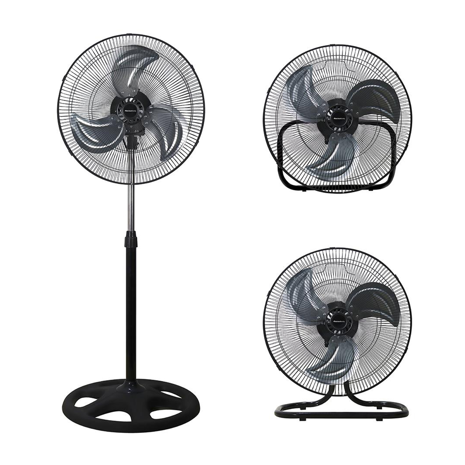 Tre ventilatori neri su sfondo bianco: piantana, da tavolo e da terra.