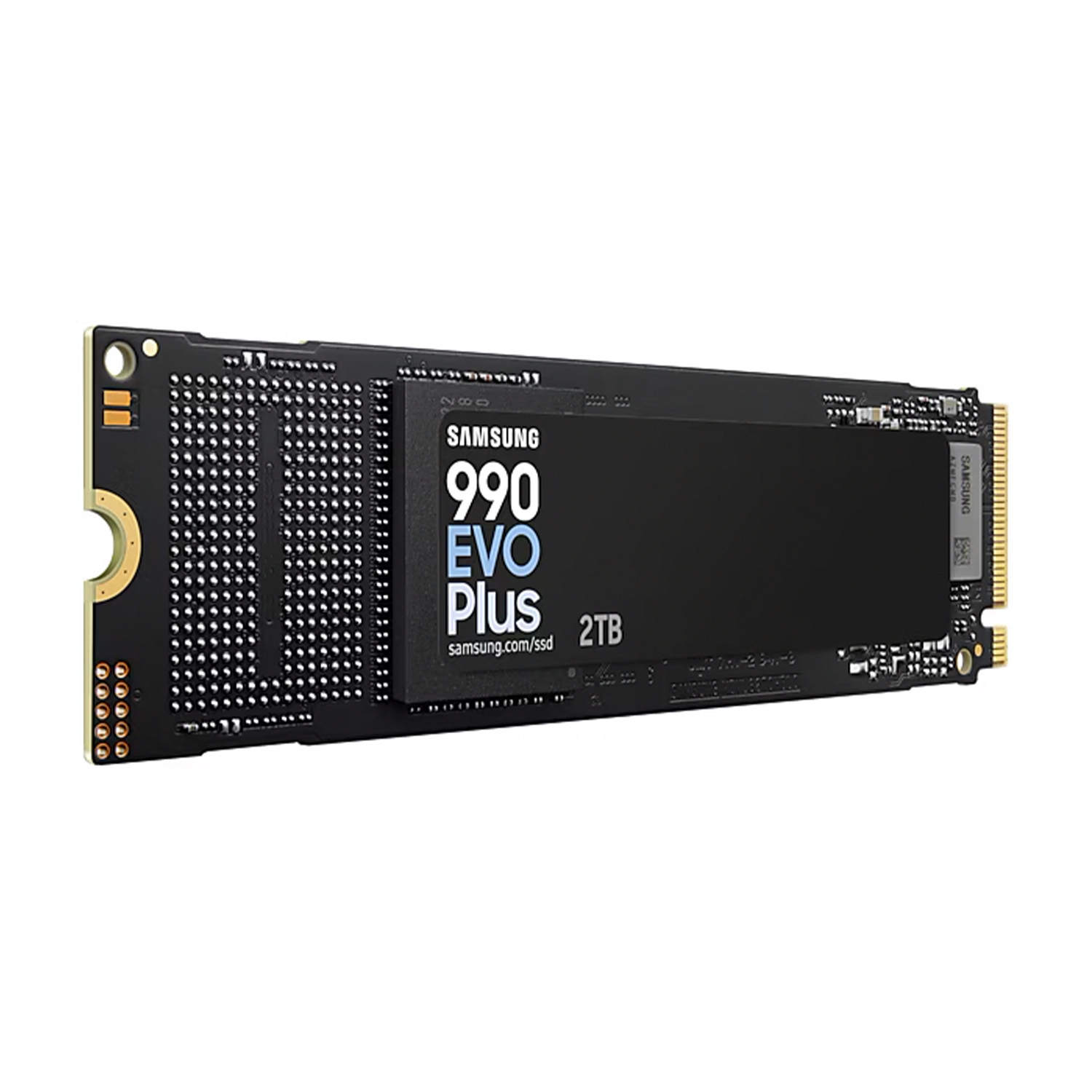Dysk SSD Samsung 990 EVO Plus 2TB z czarną płytką i złotymi złączami.