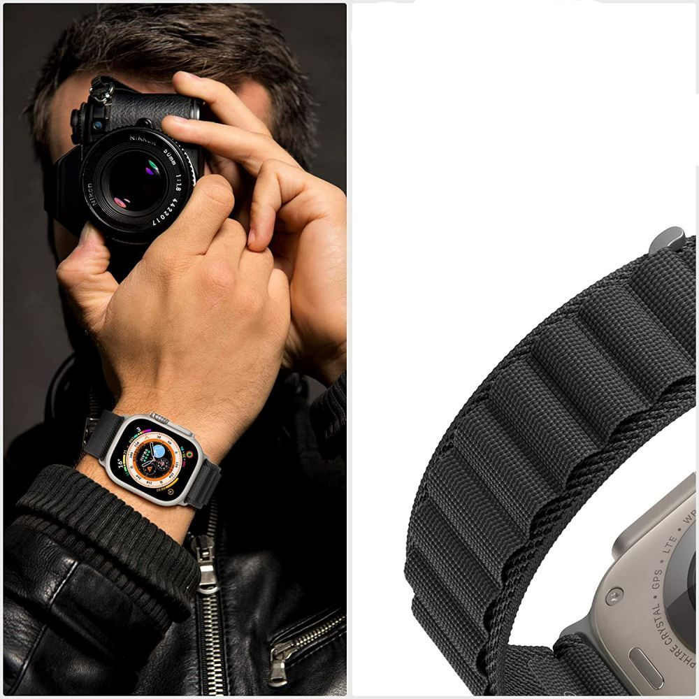 Mann fotografiert mit Kamera; Nahaufnahme einer Smartwatch und eines schwarzen Armbands.