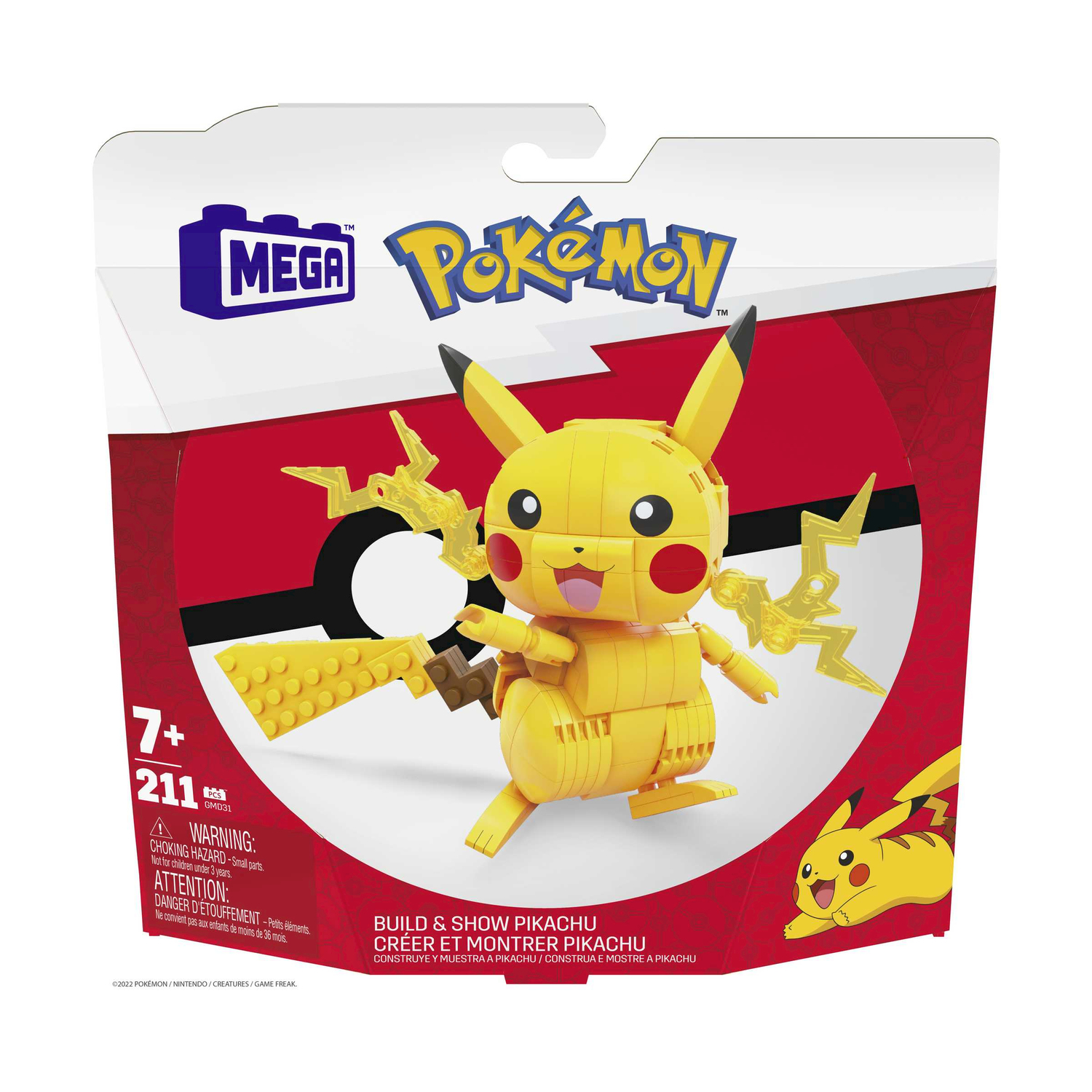 Mega and Pokemon logo box with a buildable Pikachu figure. Yellow, red, black.