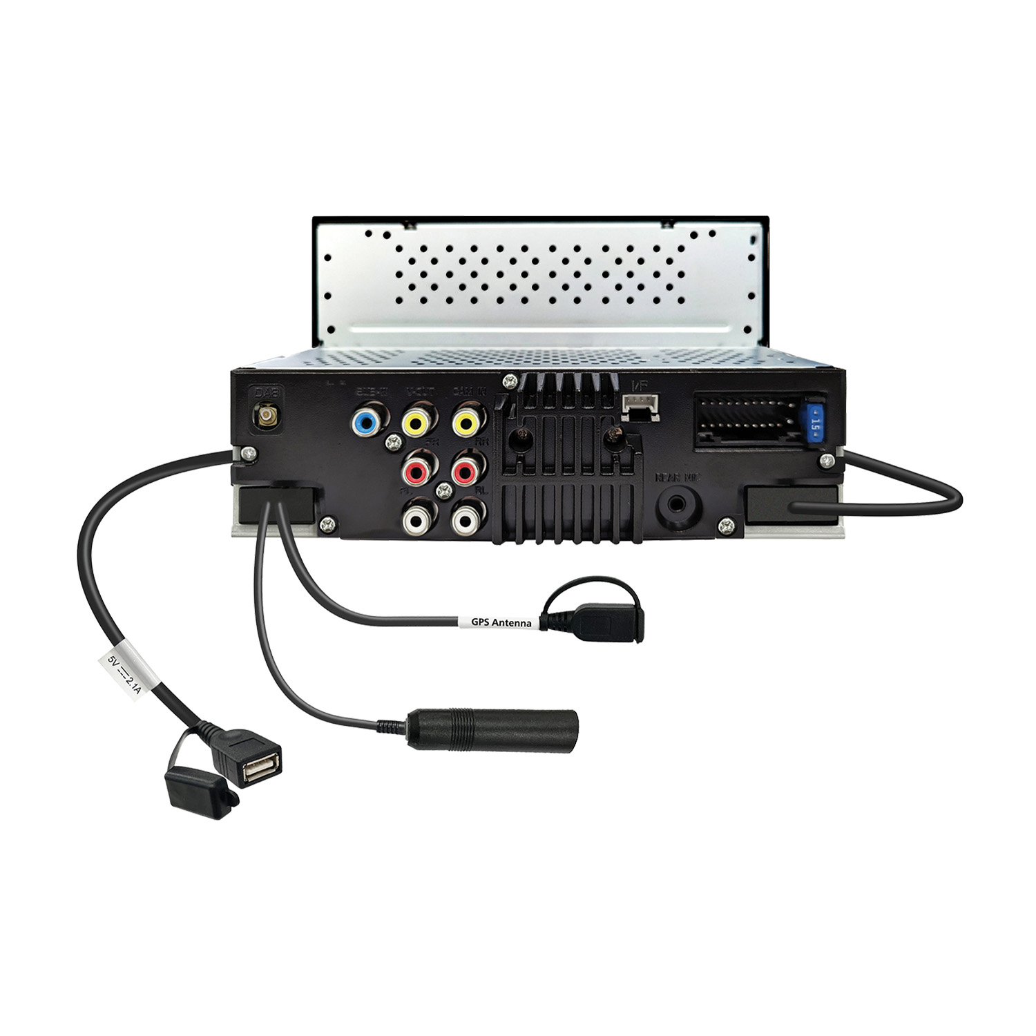 Rückseite eines Autoradios mit Anschlüssen: USB, GPS-Antenne, Audio/Video-Ein-/Ausgänge.
