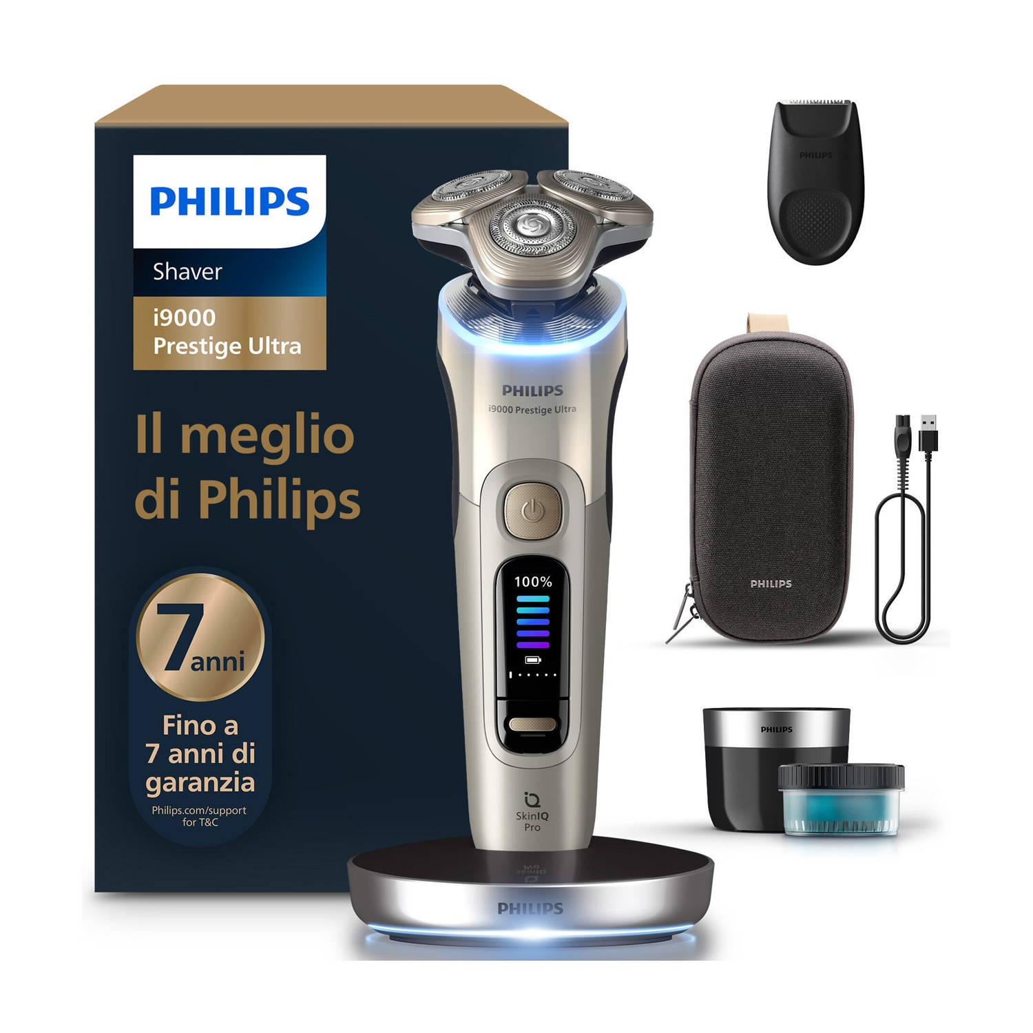 Afeitadora eléctrica Philips i9000 con base de carga, accesorios y embalaje.