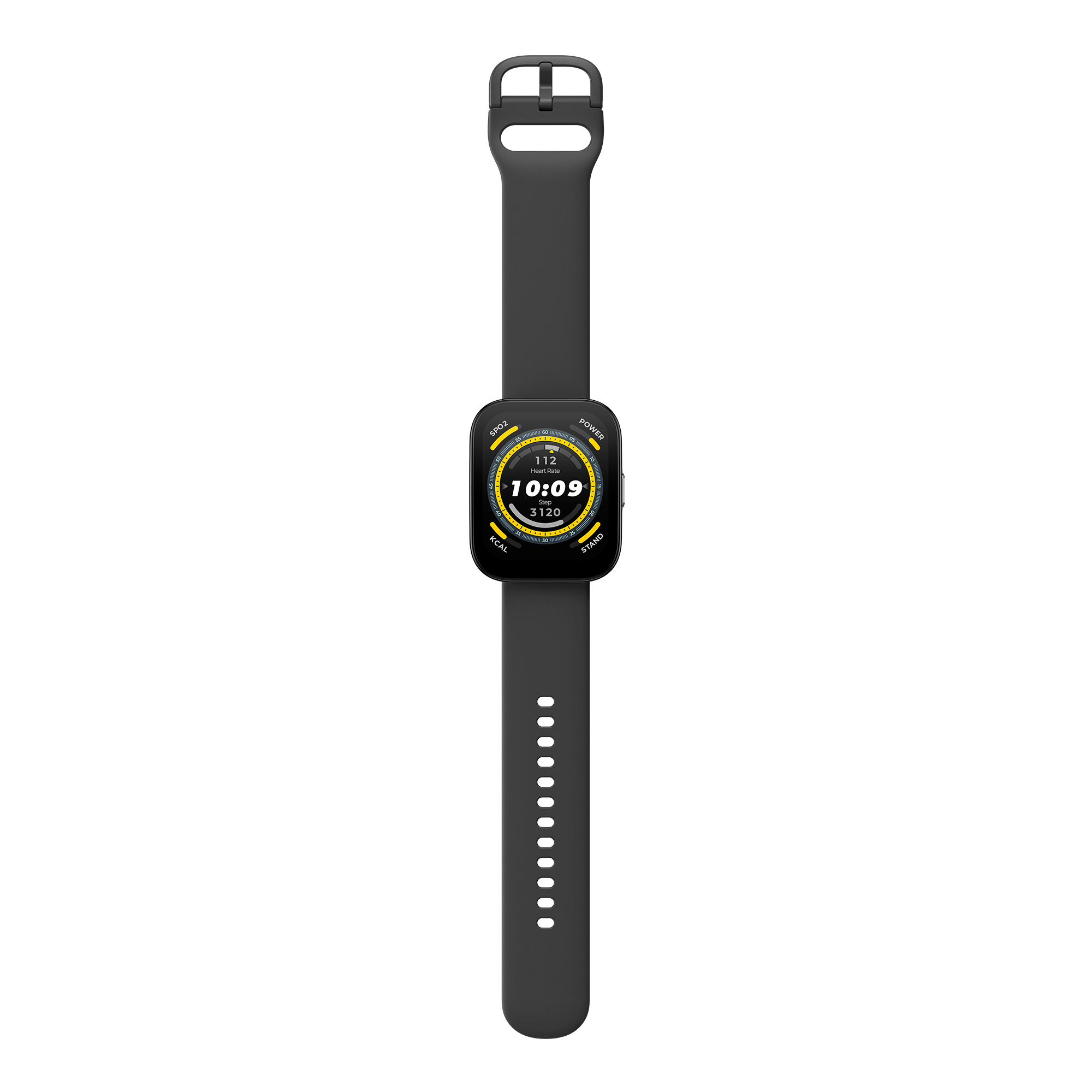 Ciemnoszary smartwatch wyświetlający czas, tętno i kroki na ekranie.
