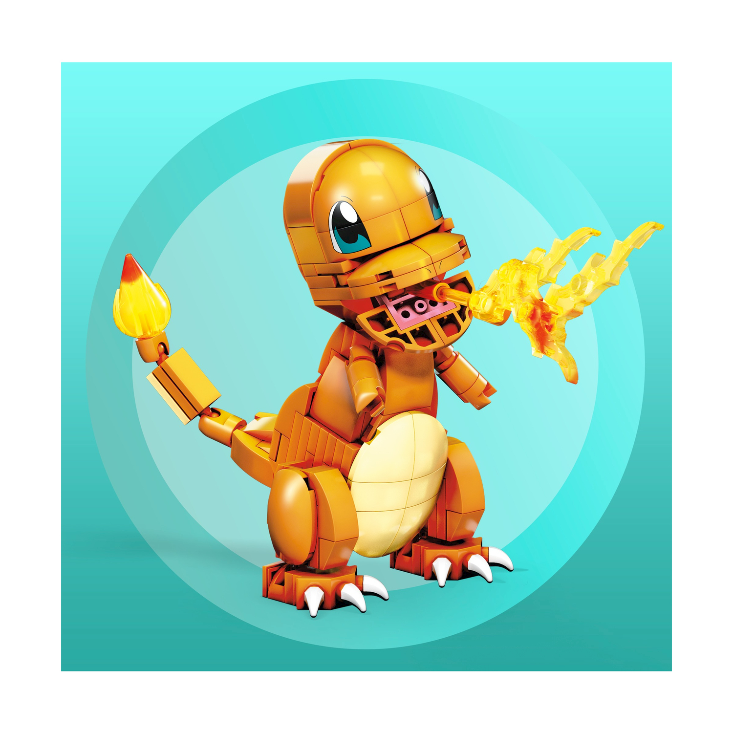 Ein orangefarbener Charmander aus Legosteinen speit Feuer, sein Schwanz brennt.
