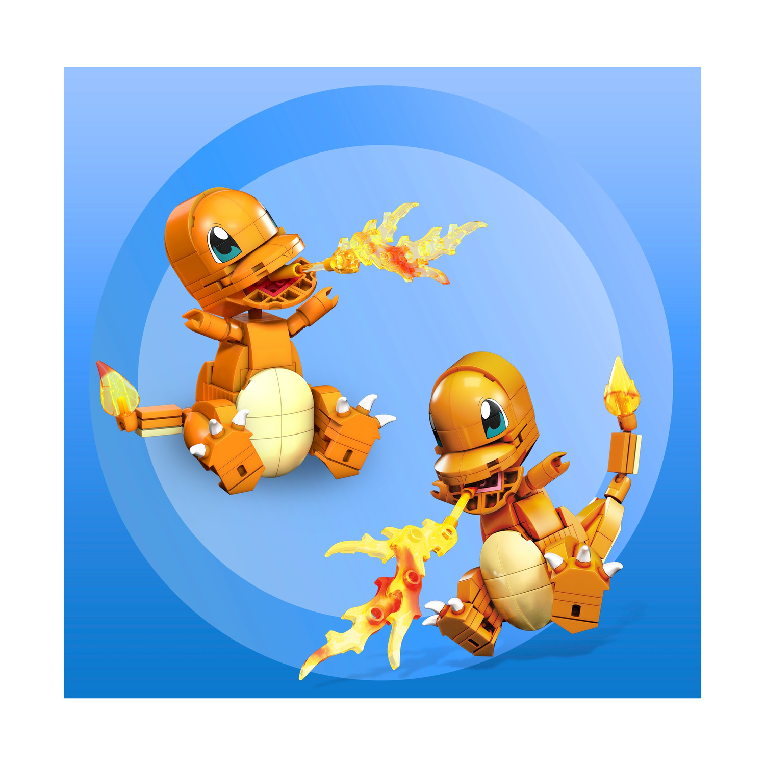 Zwei orange Charmander-Figuren aus Bausteinen feuern Flammen auf blauem Hintergrund.