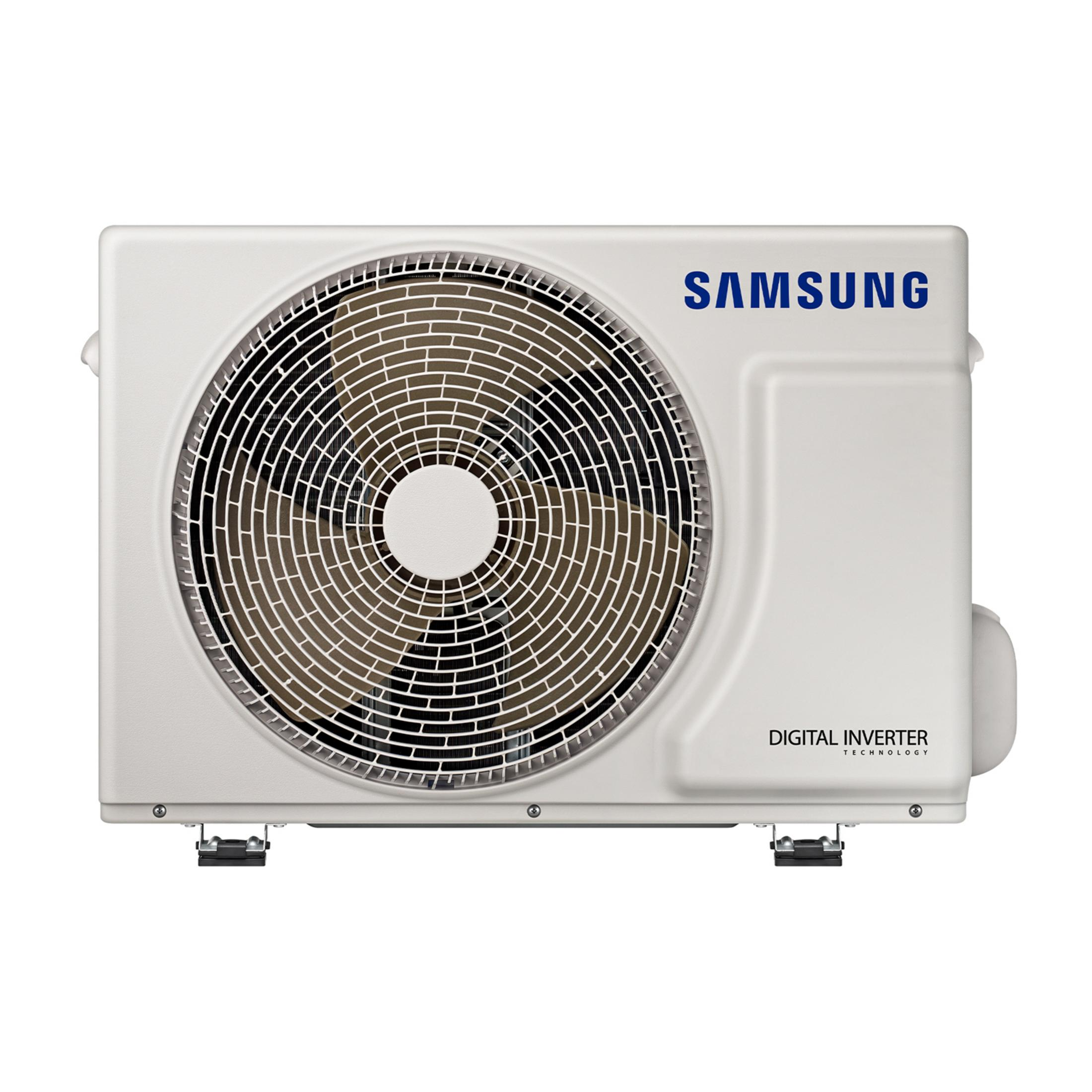 Unità esterna Samsung bianca con griglia ventola e scritta "Digital Inverter".