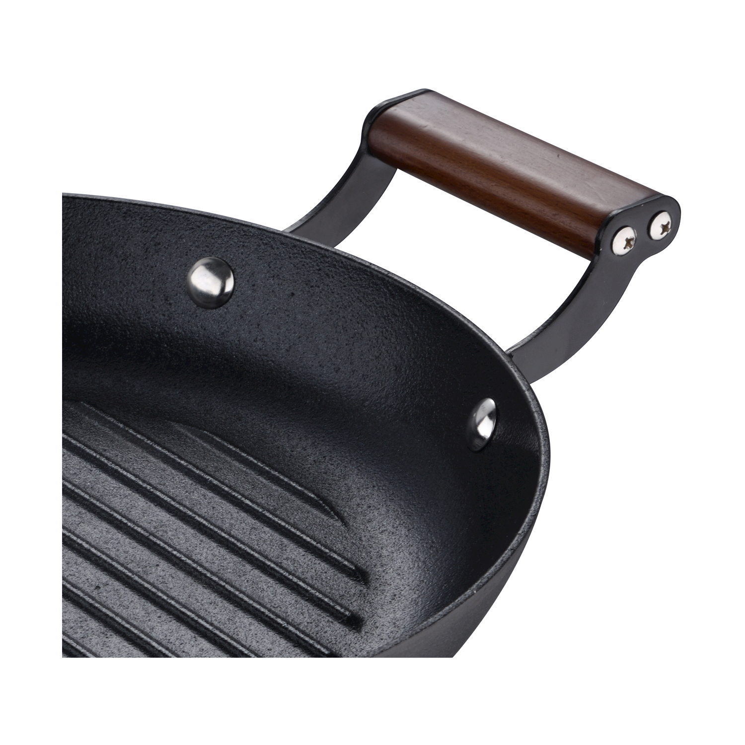 Padella grill nera con fondo scanalato e manico in legno.