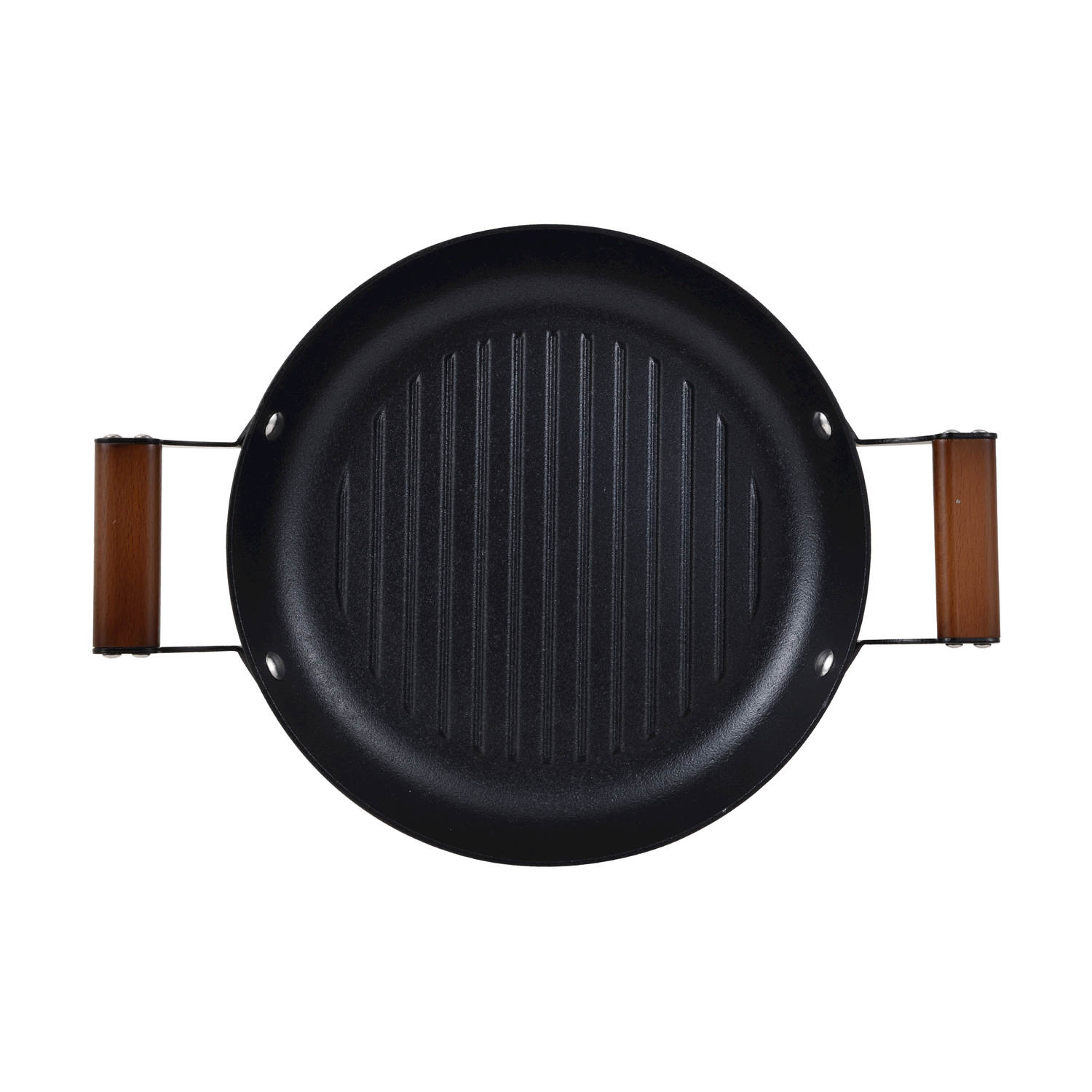 Padella grill nera con manici in legno, vista dall'alto.