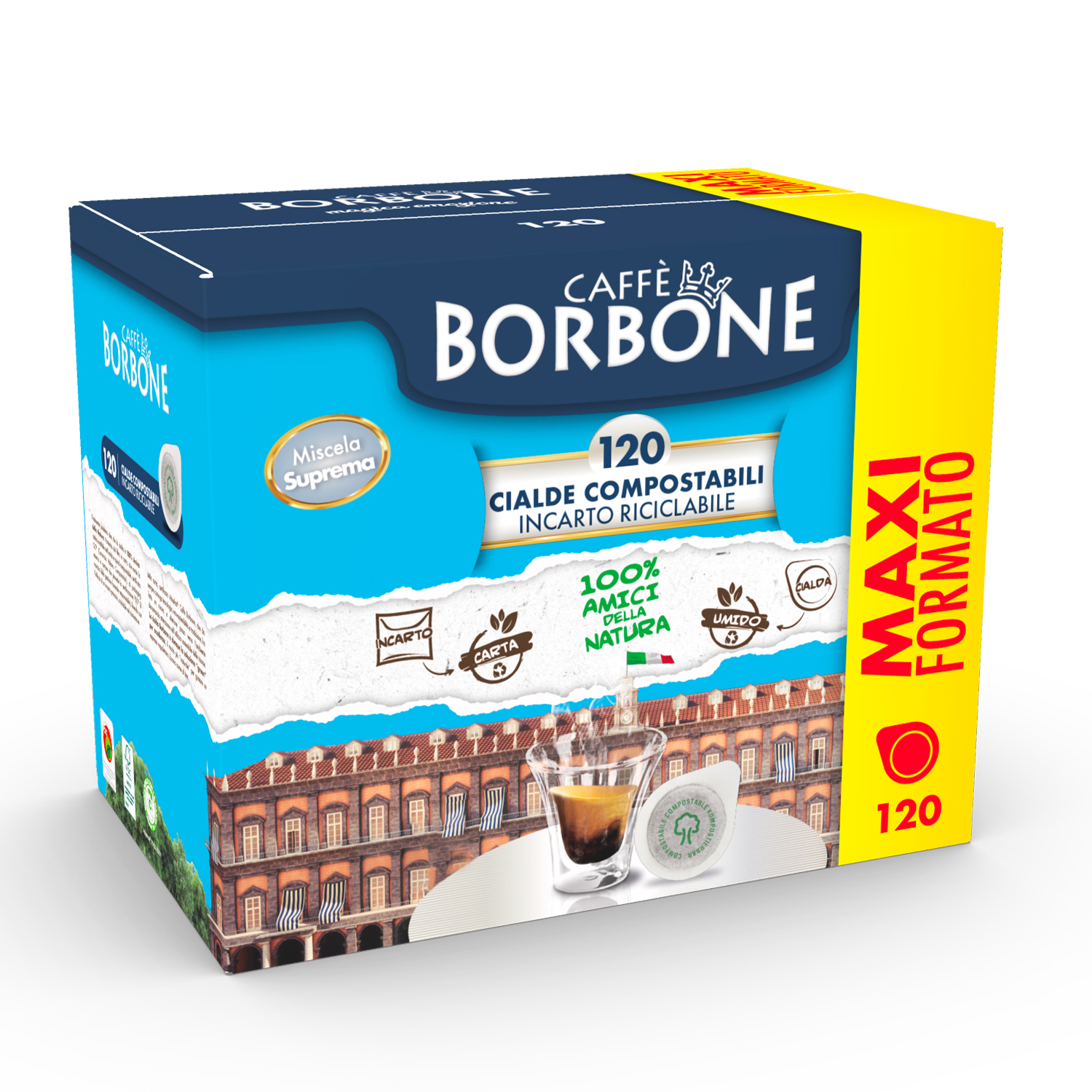 Scatola da 120 cialde caffè Borbone, con un espresso sopra, davanti a un edificio.