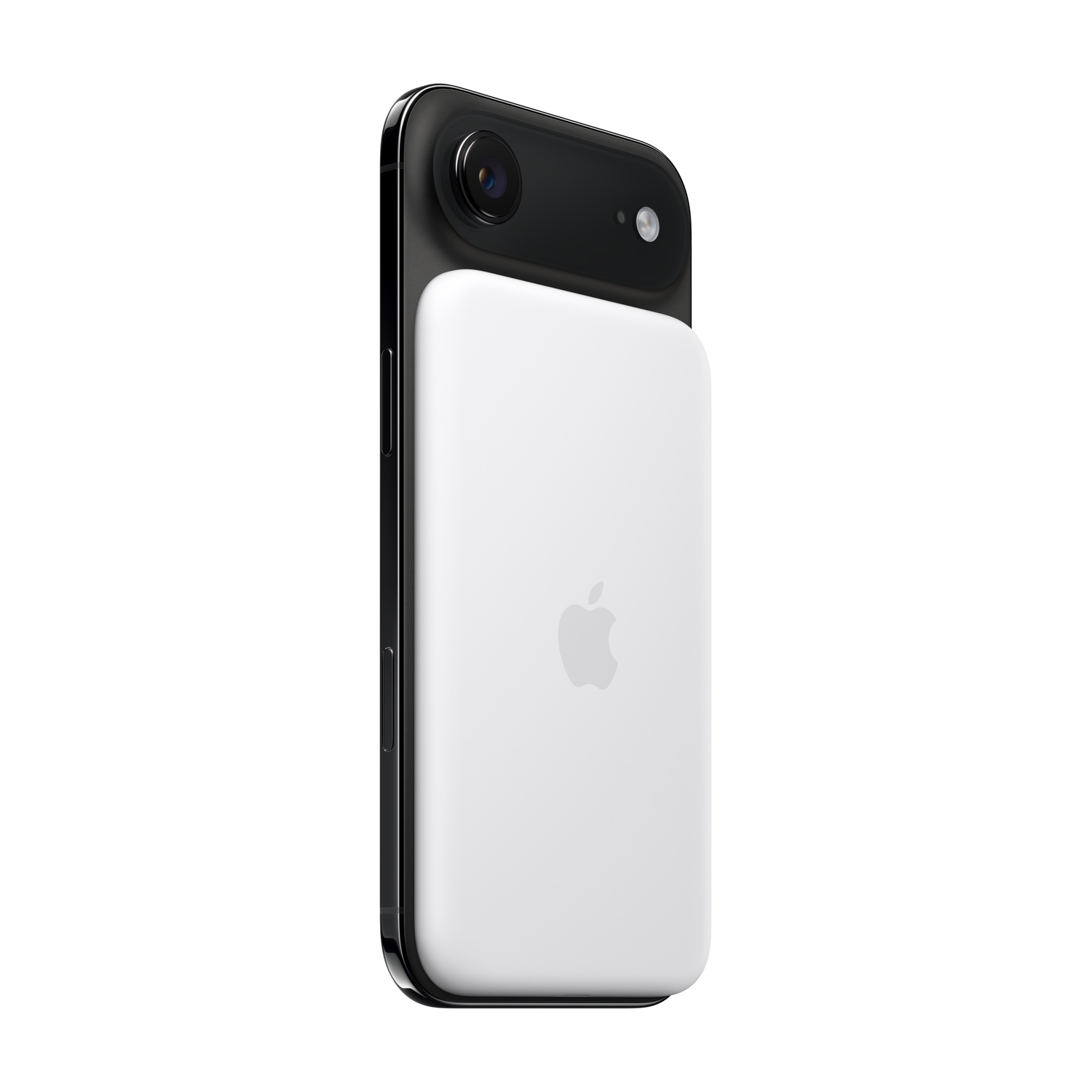 Ein weißes iPhone-Akkupack ist auf der Rückseite eines schwarzen iPhones angebracht.