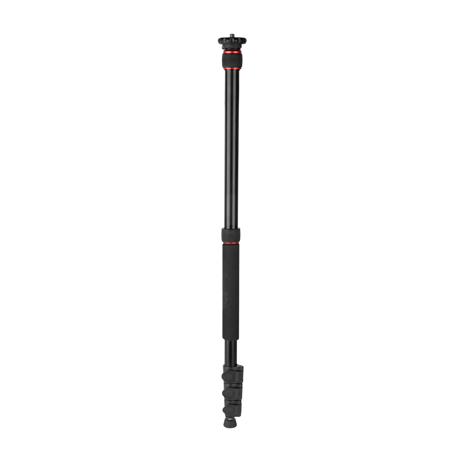 A black monopod with red accents and a padded grip.