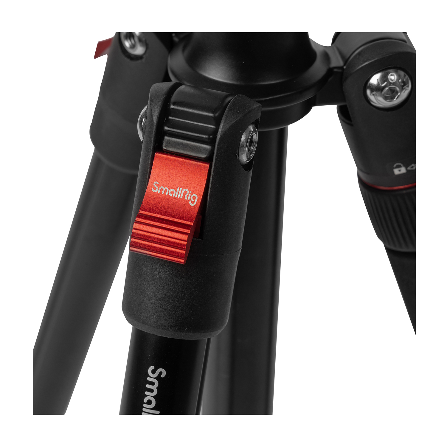 Close-up of a black tripod with a red locking lever and SmallRig logo.