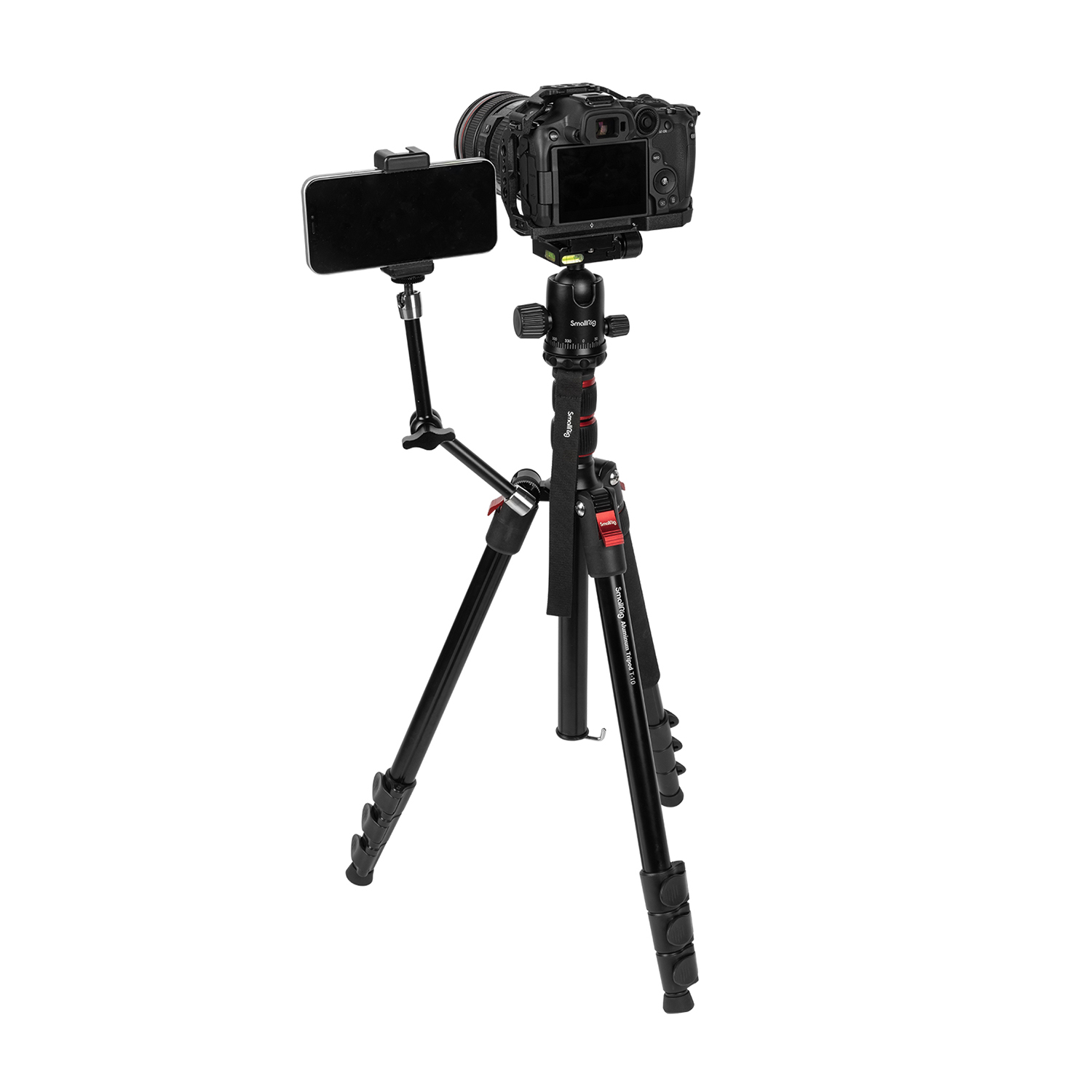 A black tripod with a camera and smartphone attached to it.