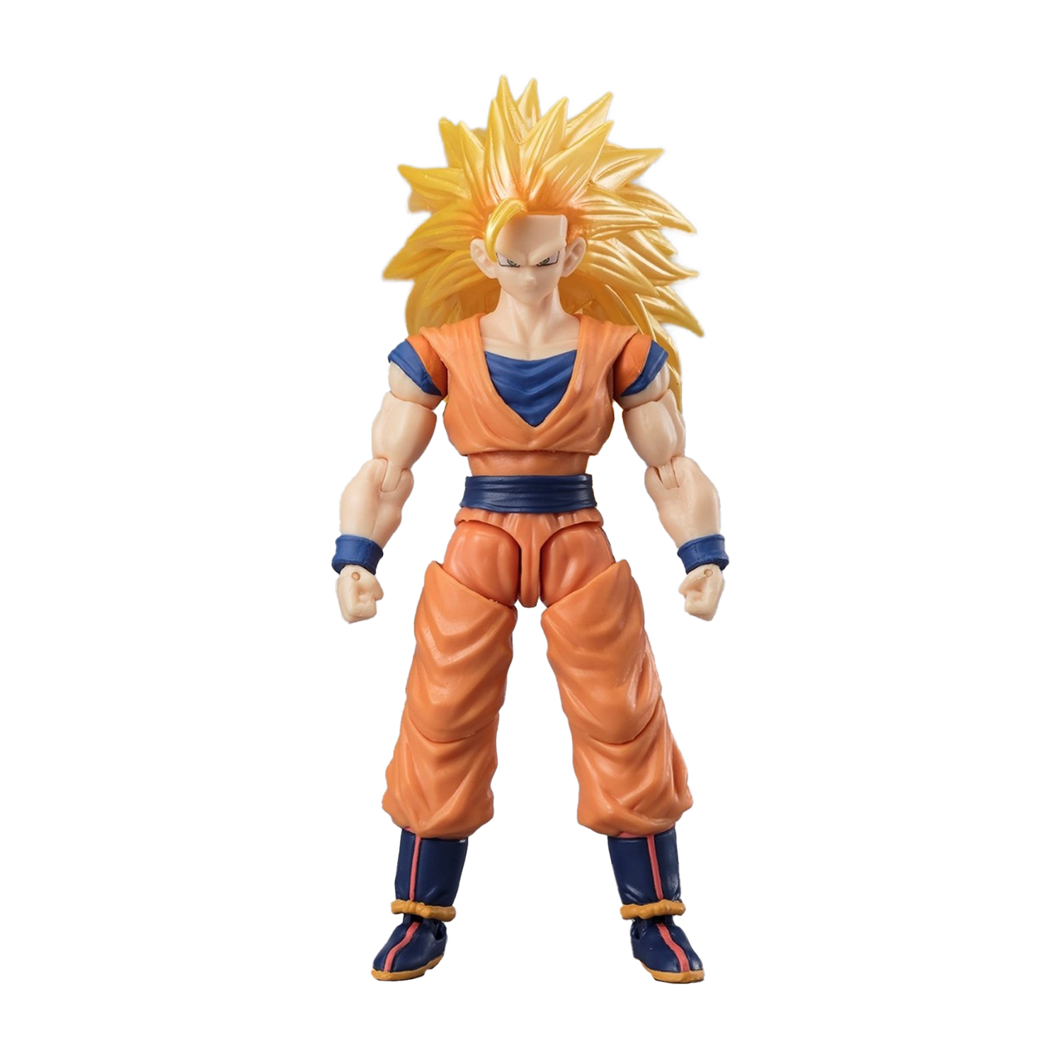 Action figure di Goku con lunghi capelli gialli, abito arancione e accenti blu.