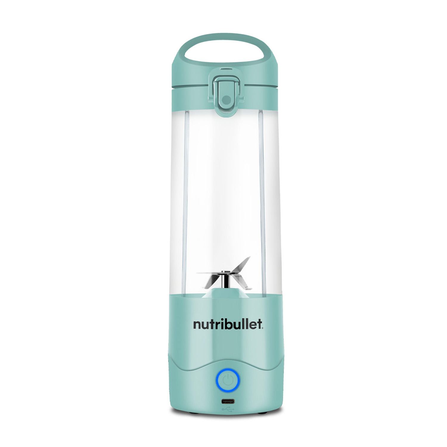 Un frullatore Nutribullet verde menta con contenitore trasparente e lame argentate.
