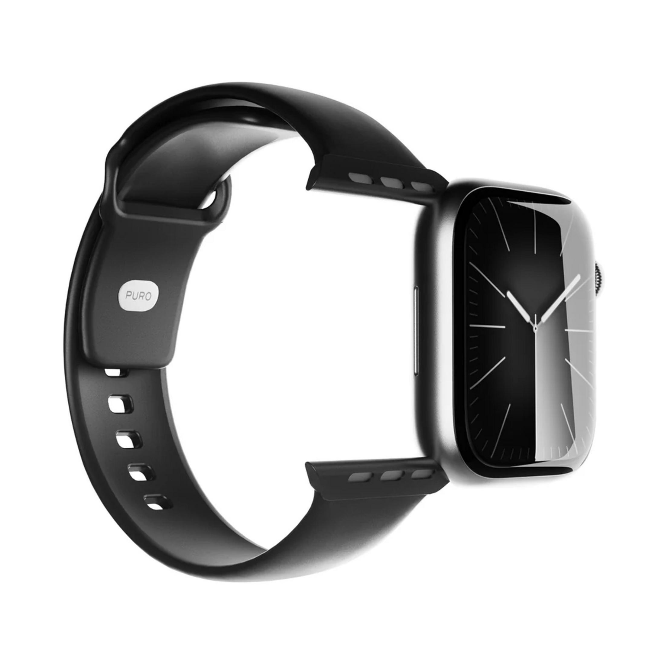 Czarny smartwatch z czarnym paskiem i srebrną obudową.