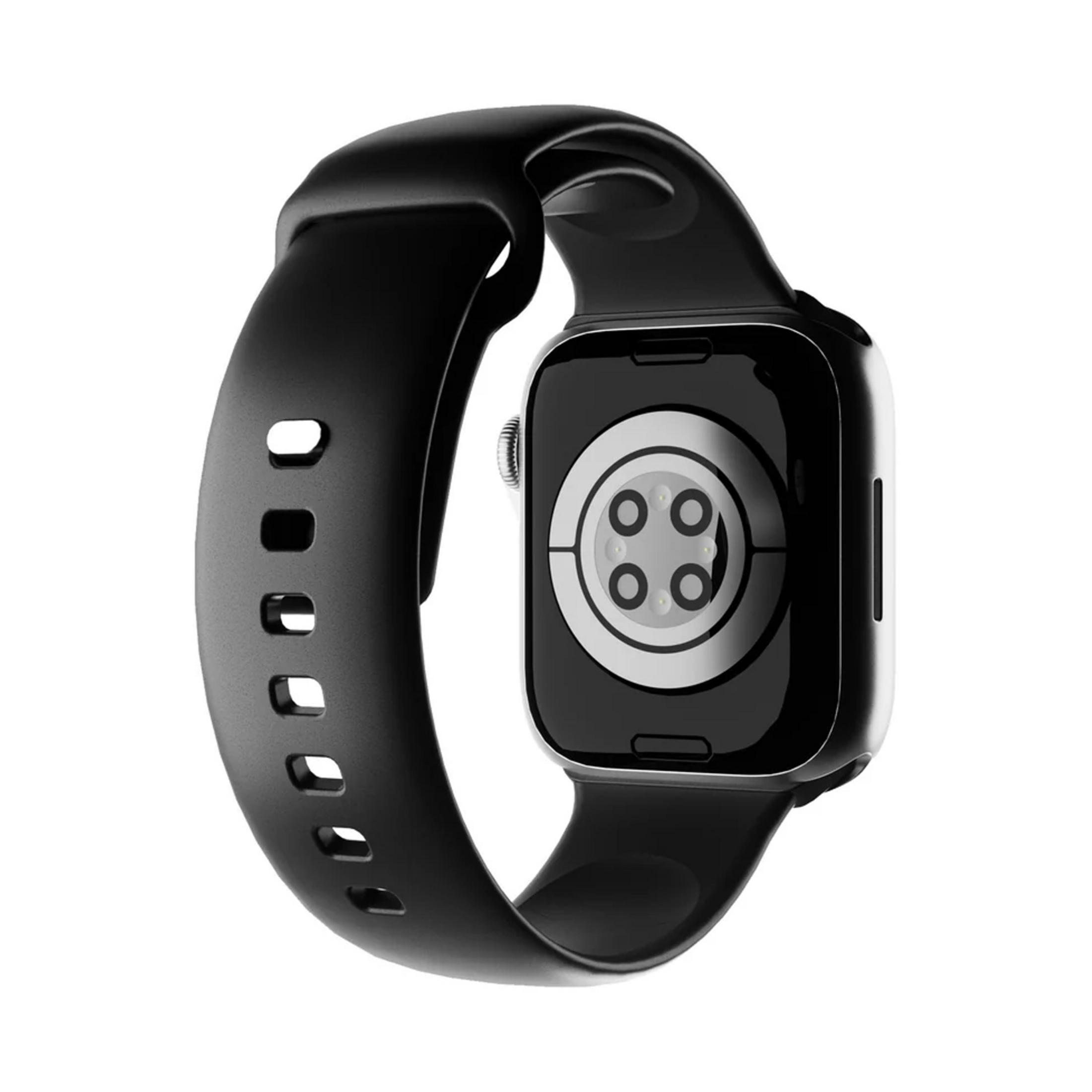 Tył czarnego smartwatcha z kontaktami ładowania i perforowaną bransoletą.