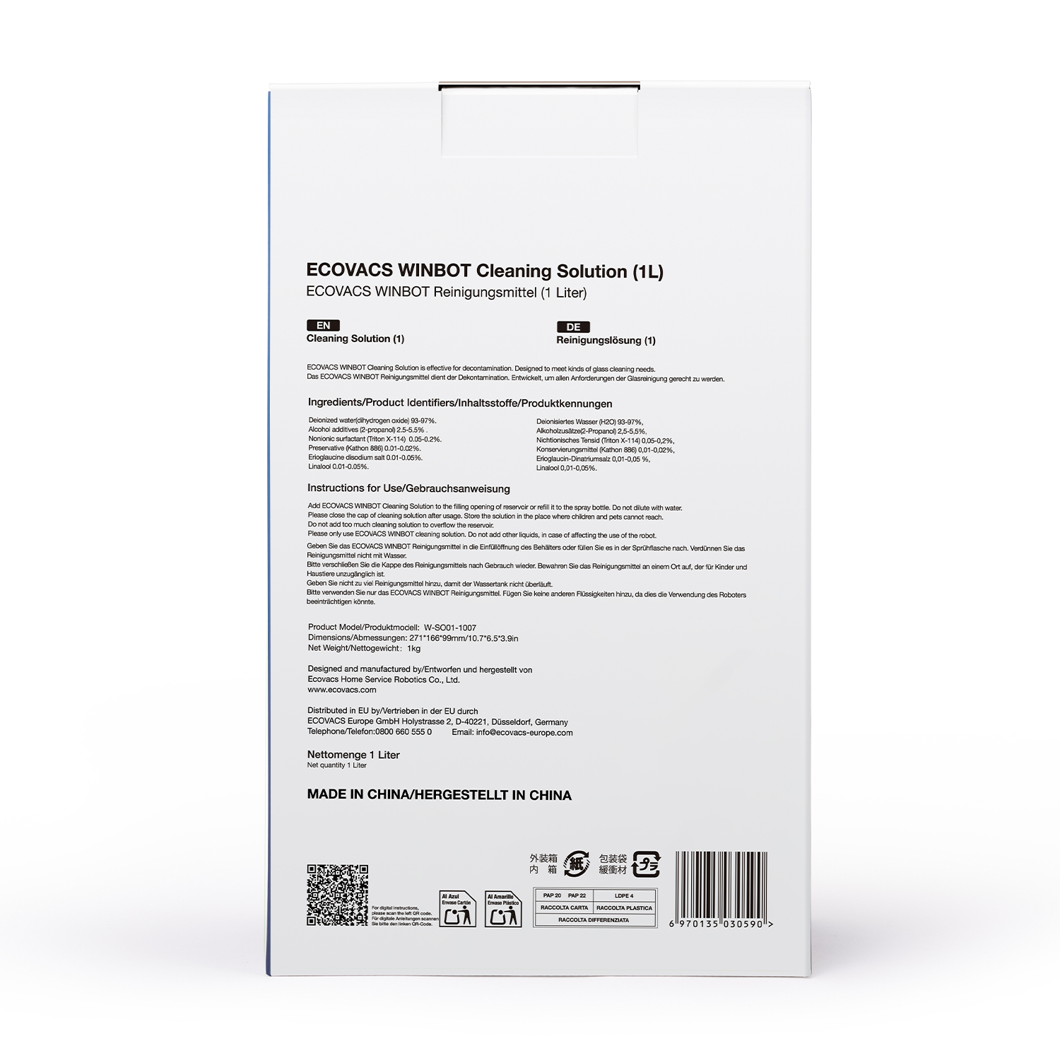 Opakowanie płynu do czyszczenia ECOVACS WINBOT (1L) z informacjami.
