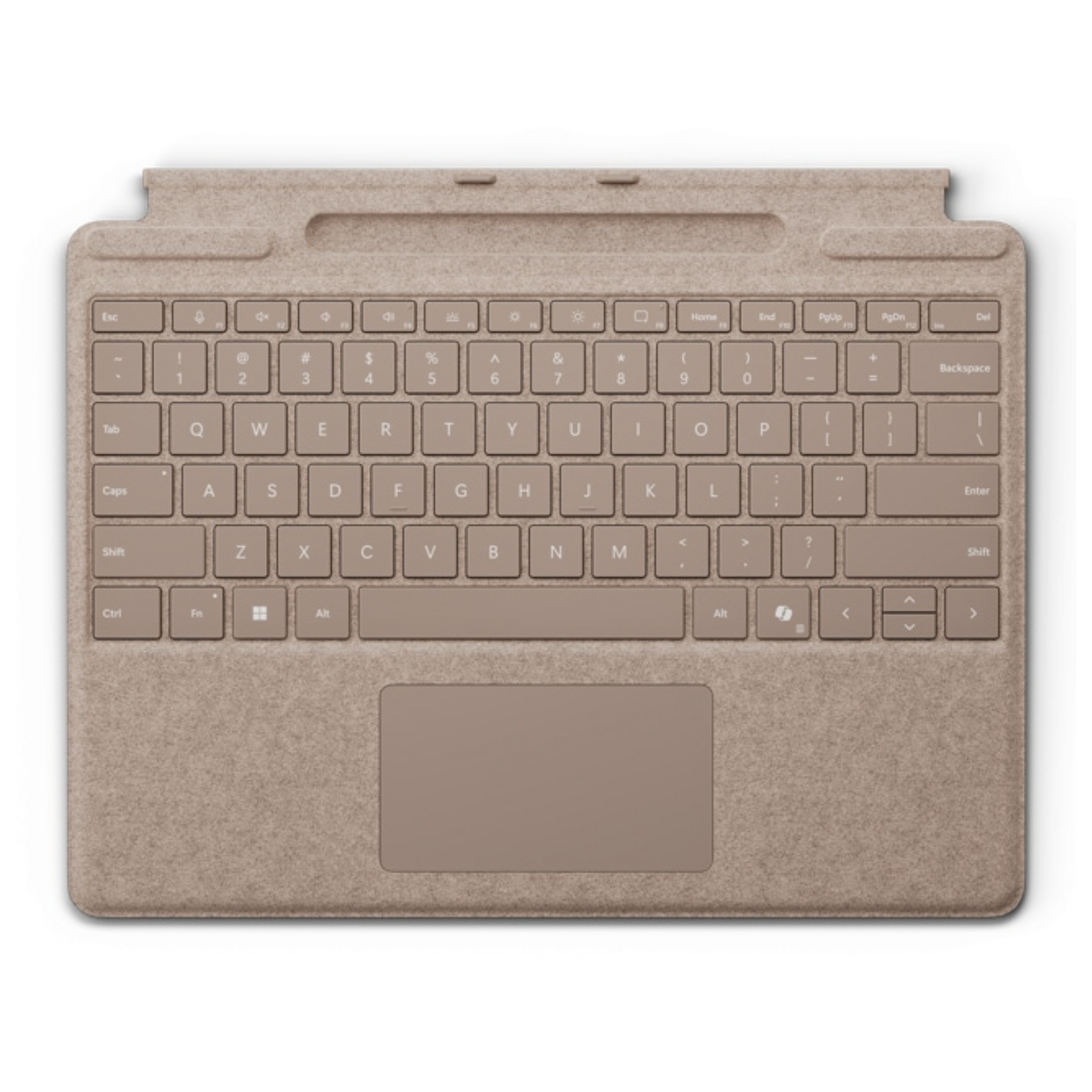 Una tastiera beige con touchpad, appoggiata su una superficie bianca.