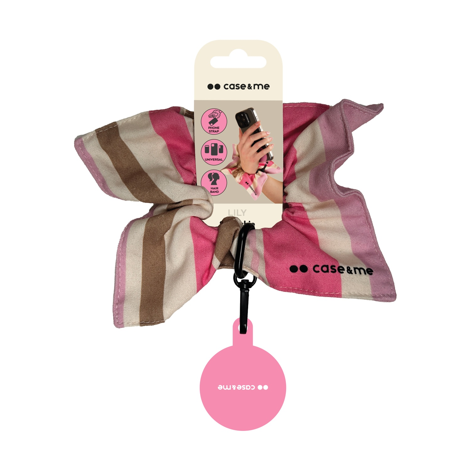 Scrunchie a righe rosa, marrone e bianco, con confezione che elenca cinturino, universale, elastico per capelli.