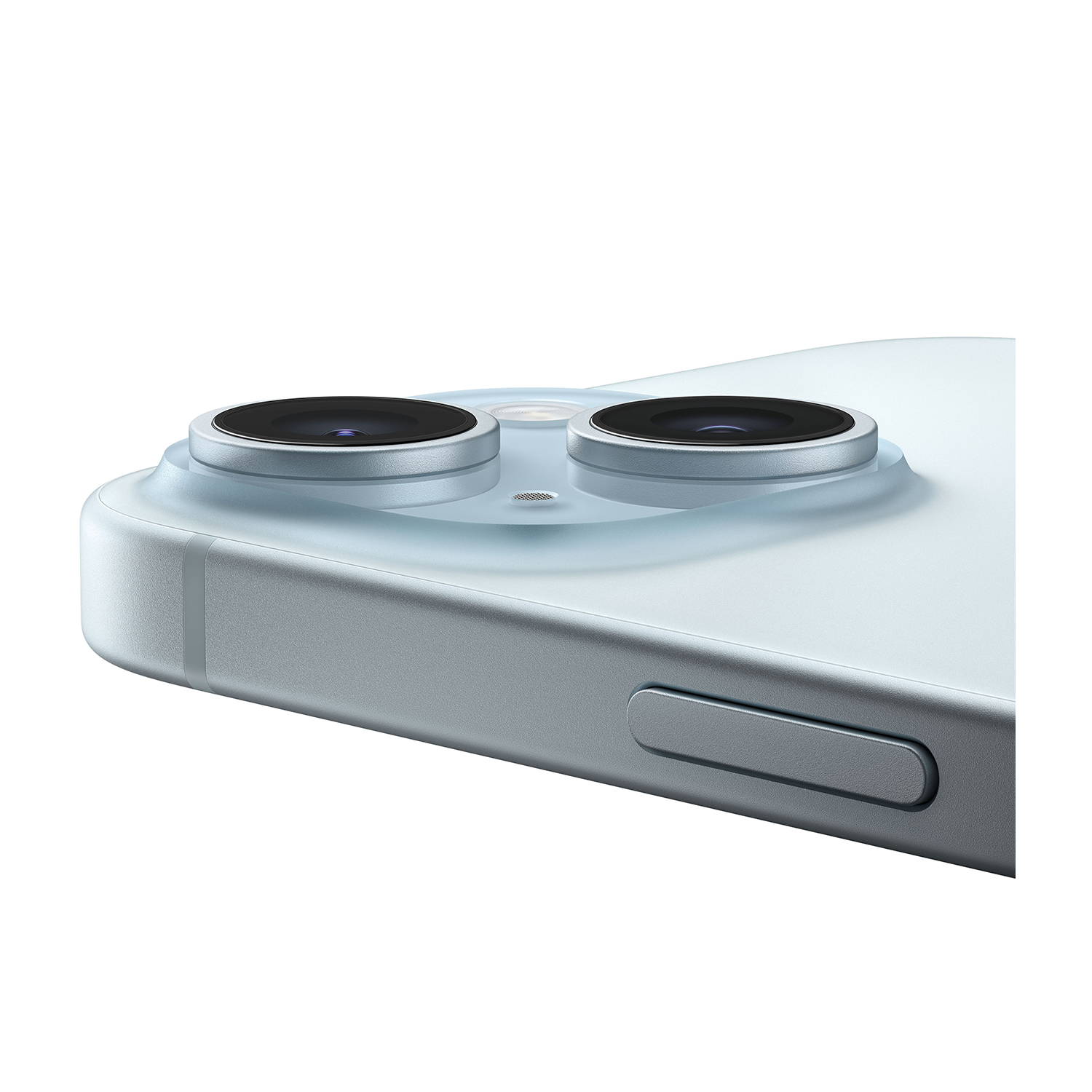 Zbliżenie jasnoniebieskiego smartfona z dwoma obiektywami i przyciskiem.