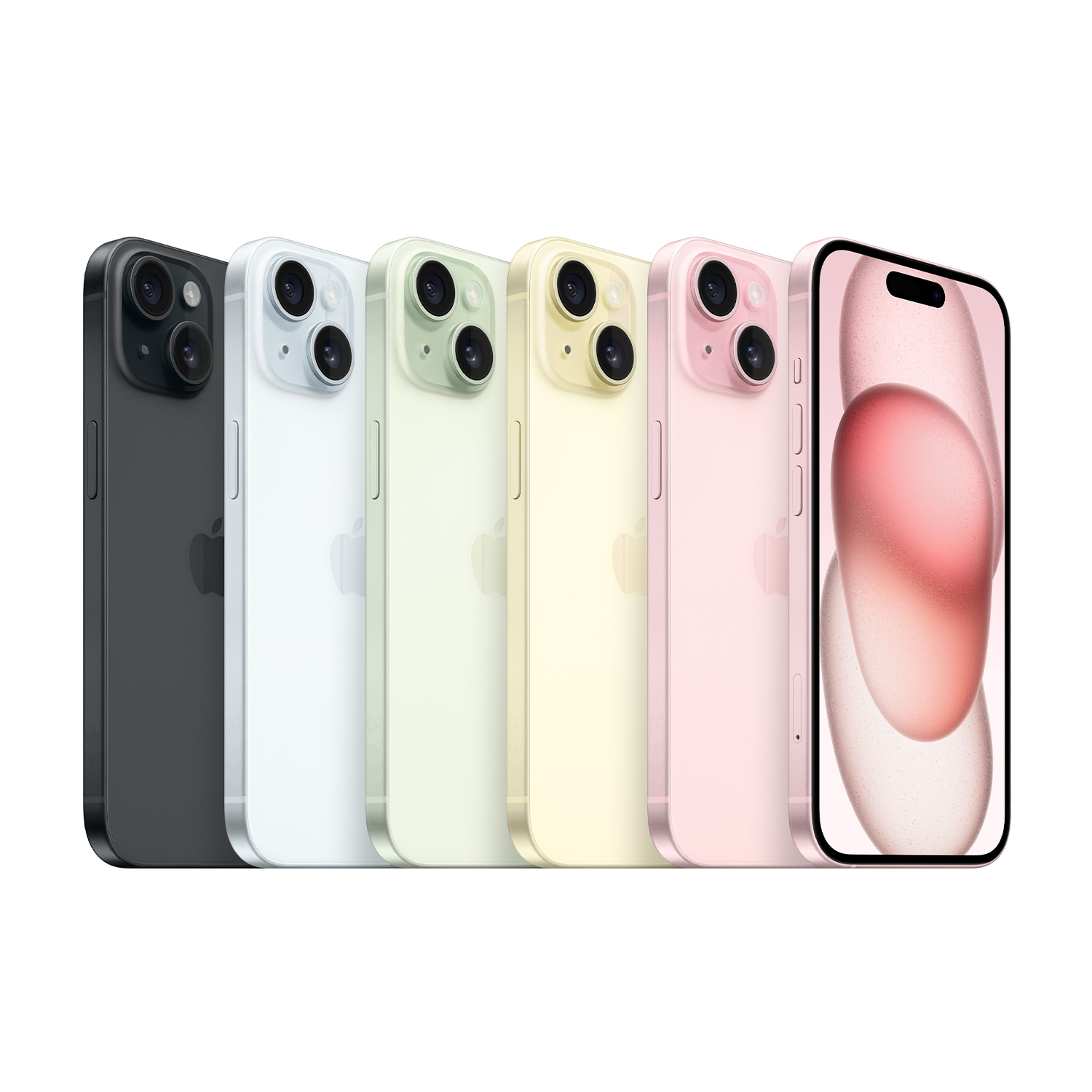 Pięć iPhone'ów: czarny, biały, jasnozielony, żółty i różowy, jeden z ekranem.