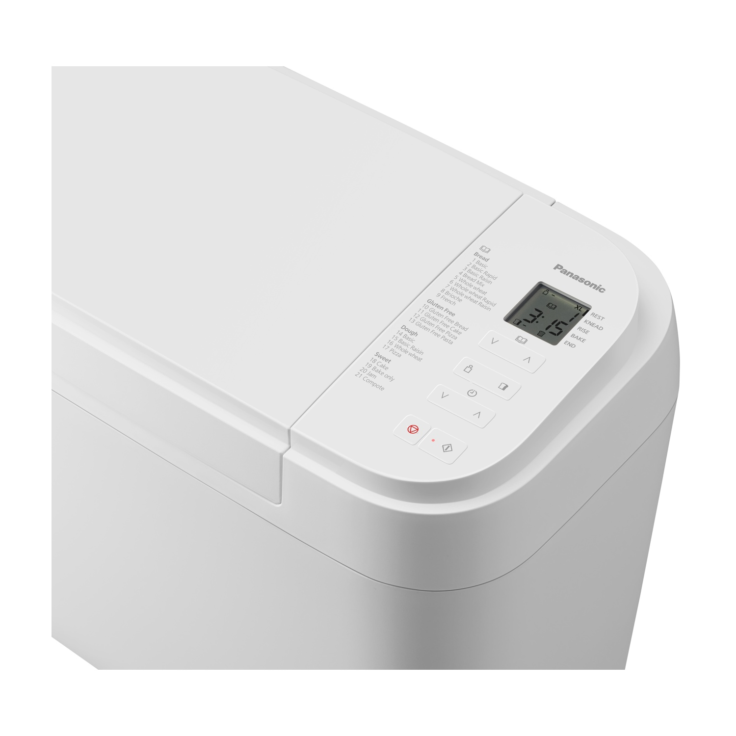 Een witte Panasonic broodmachine met bedieningspaneel en display.