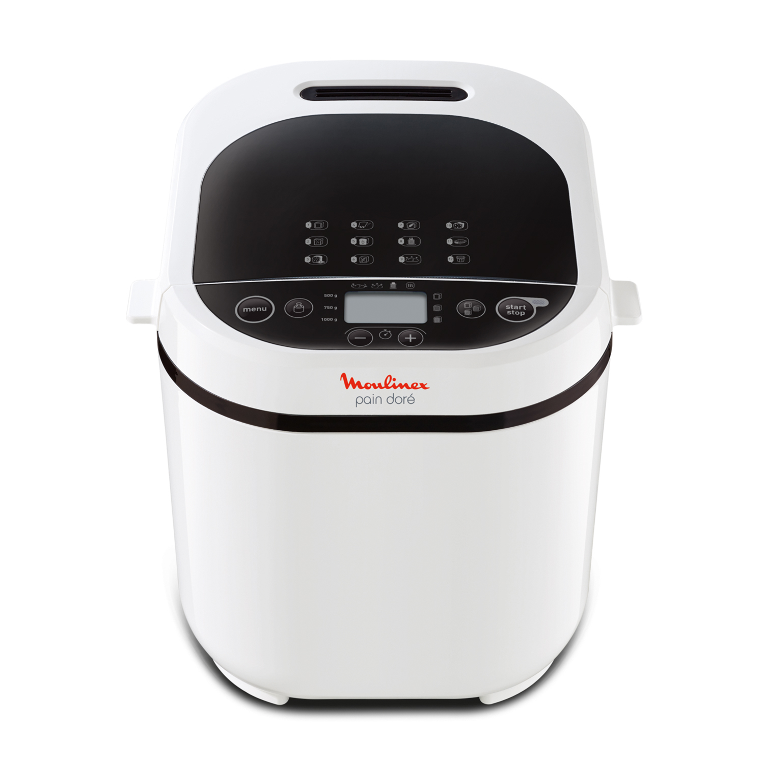 Witte broodbakmachine met zwart bedieningspaneel en digitaal display.