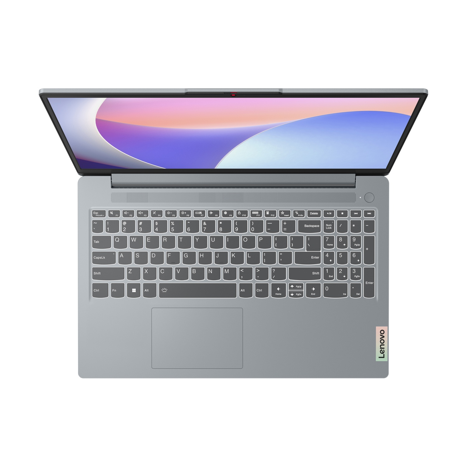 Un laptop Lenovo grigio aperto, mostra tastiera e touchpad.