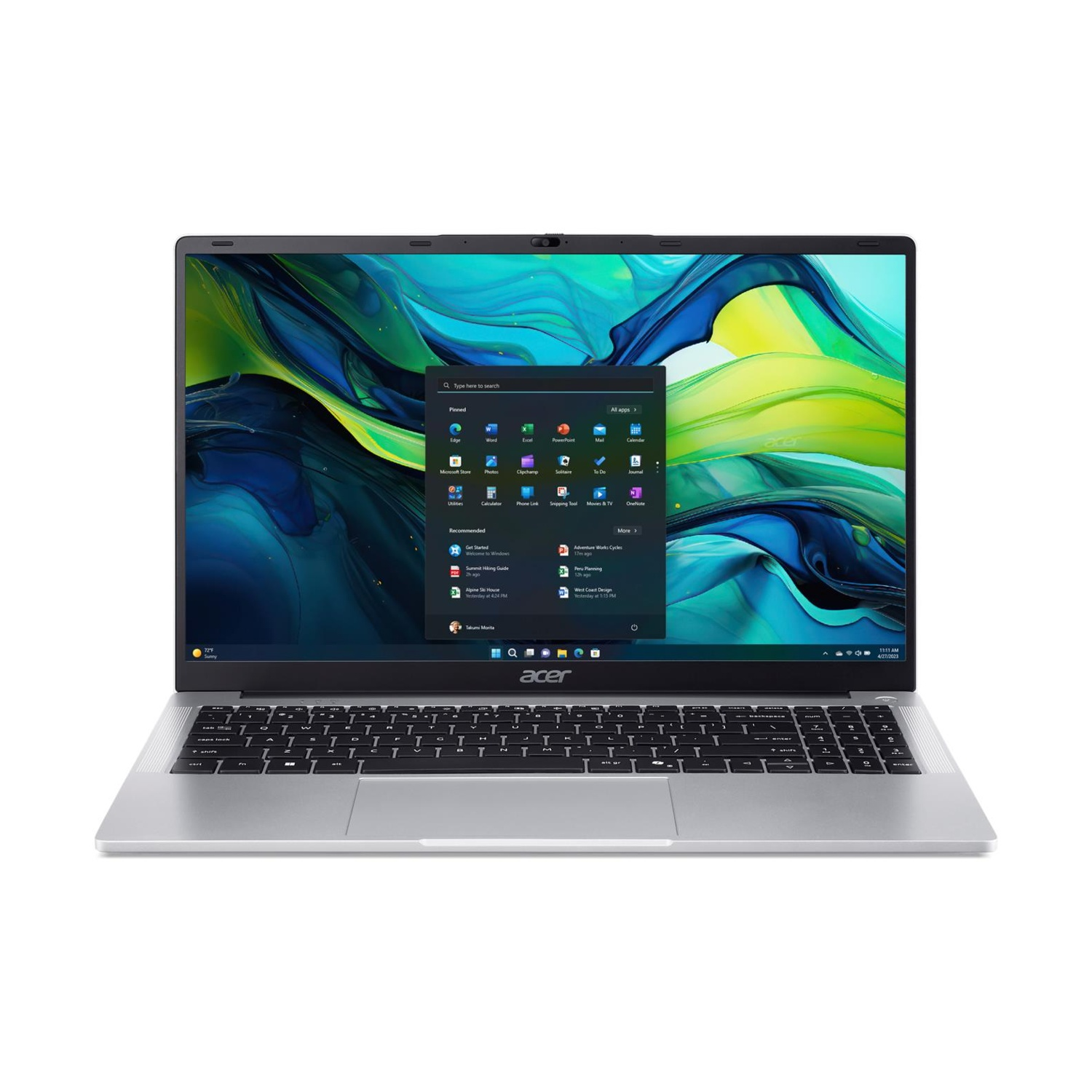 Un laptop Acer argento con schermo acceso che mostra il menu Start di Windows.