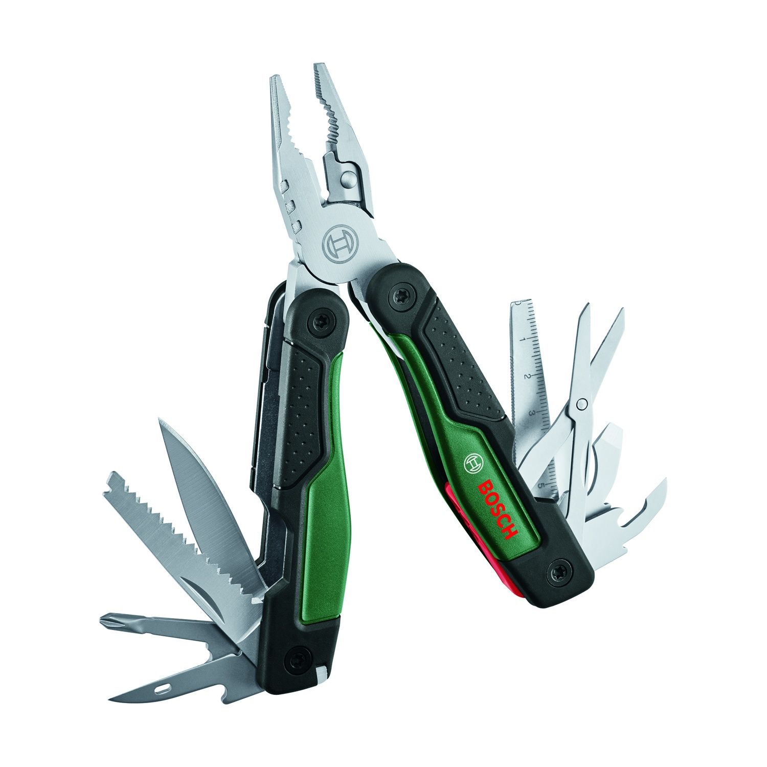 Pense, bıçak, testere ve cetvel içeren Bosch çok amaçlı alet.