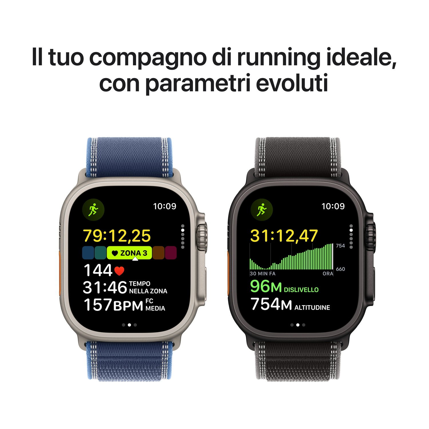 Dos Apple Watches mostrando datos de carrera. Uno muestra tiempo, ritmo cardíaco y zona.