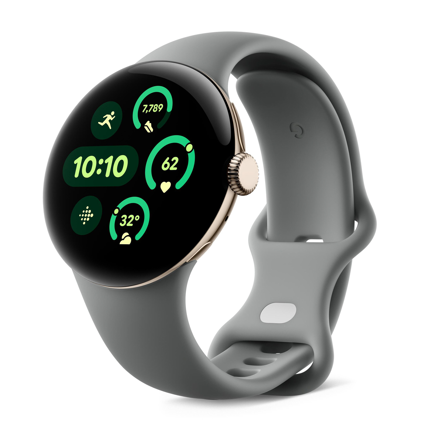 Szary smartwatch z okrągłym wyświetlaczem pokazuje 10:10, kroki i temperaturę.