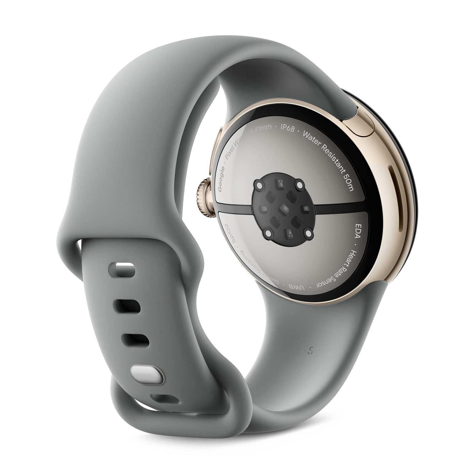Tył szarego smartwatcha ze złotą ramką i sensorem tętna.