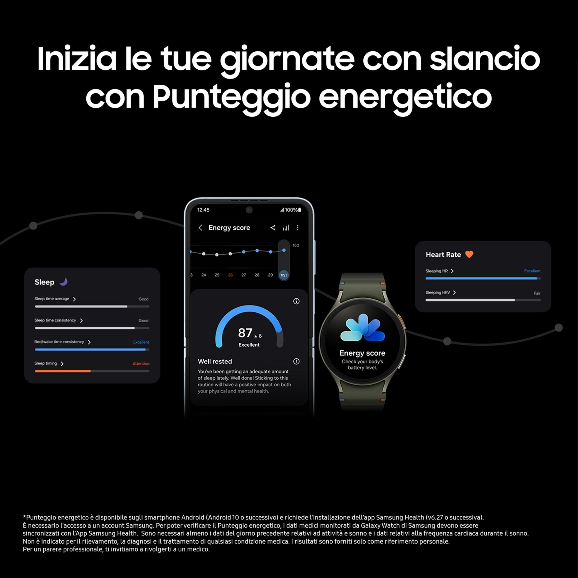 Un smartphone muestra una app de puntuación de energía. Un reloj inteligente al lado también muestra la puntuación.