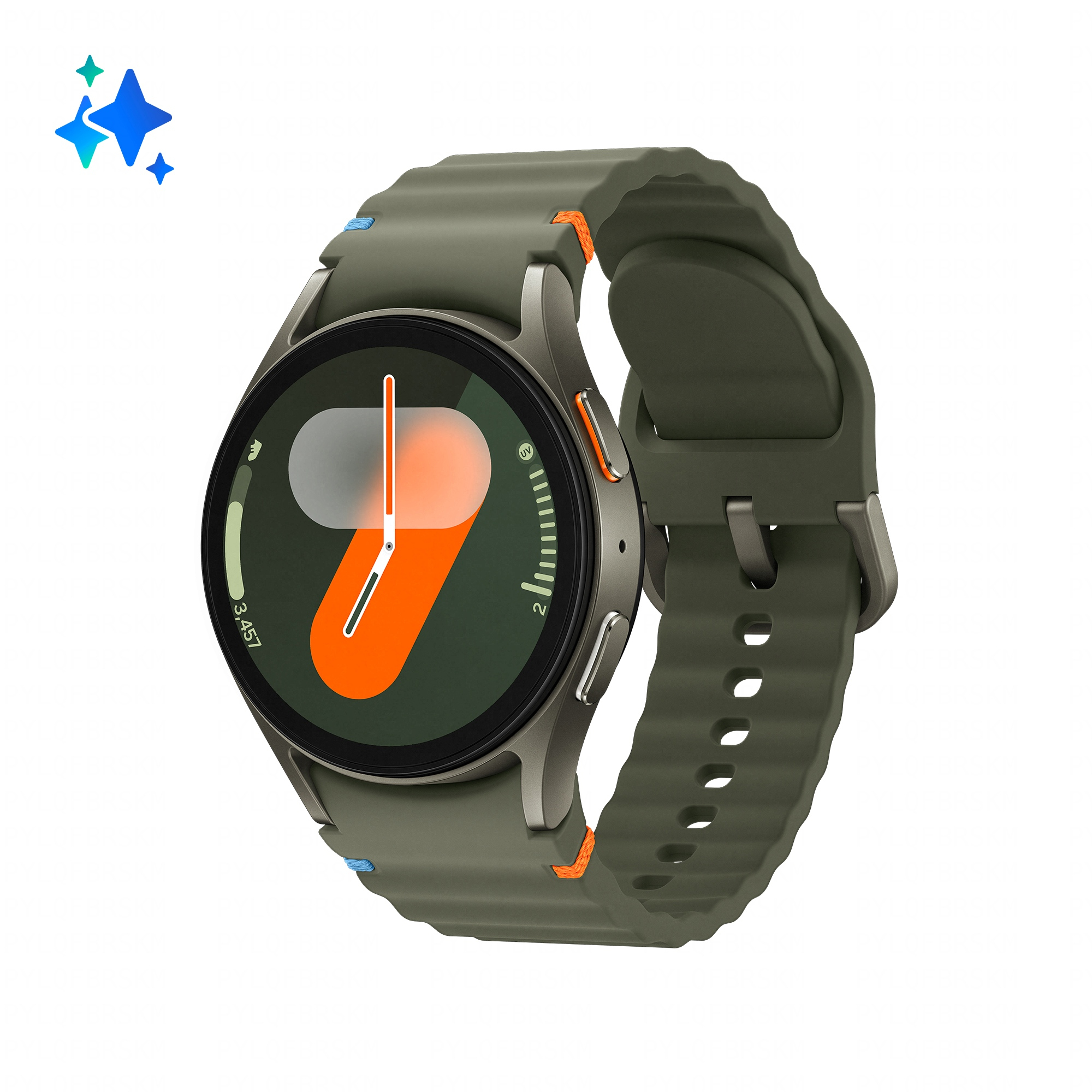 Un reloj inteligente verde con esfera naranja y correa ondulada.