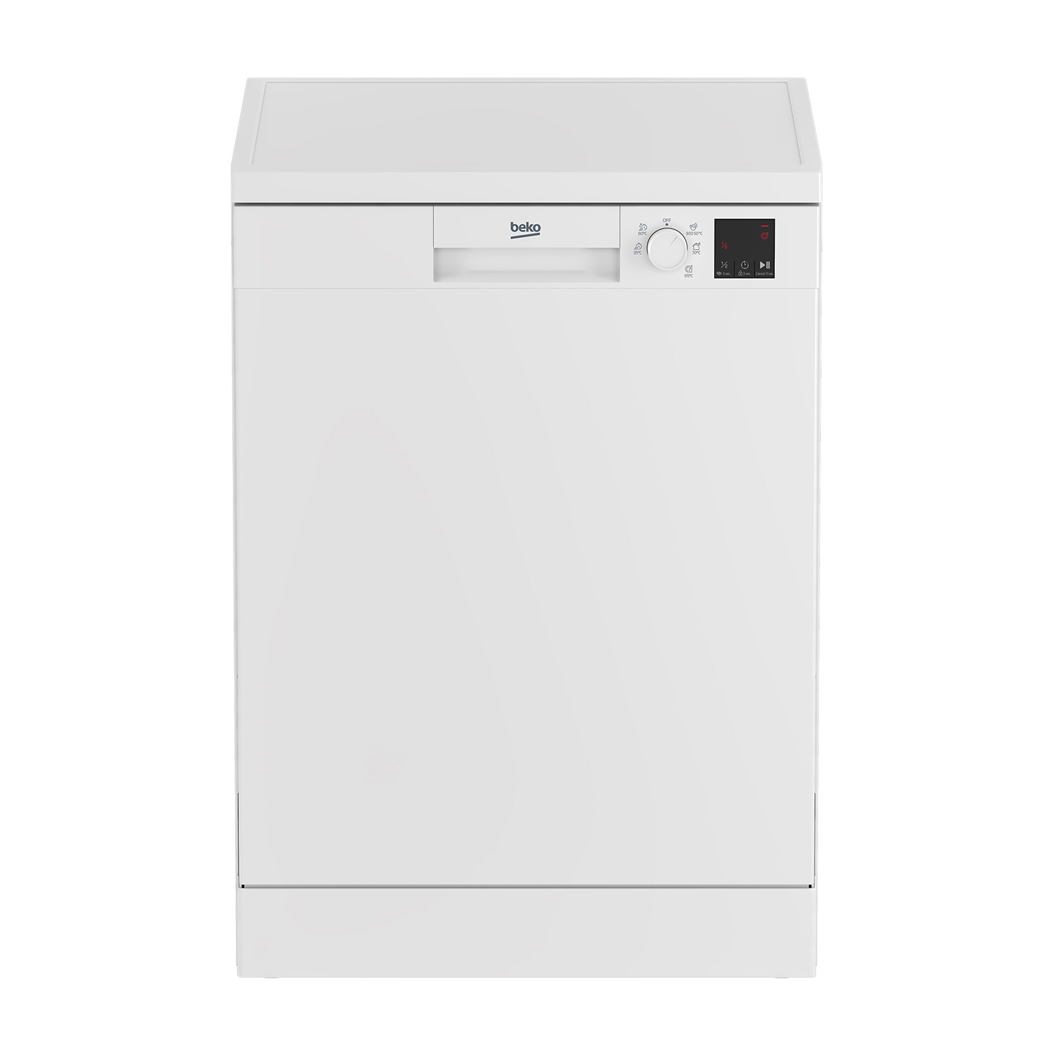 Eine weiße Beko-Spülmaschine mit schwarzem Bedienfeld und rotem Knopf.