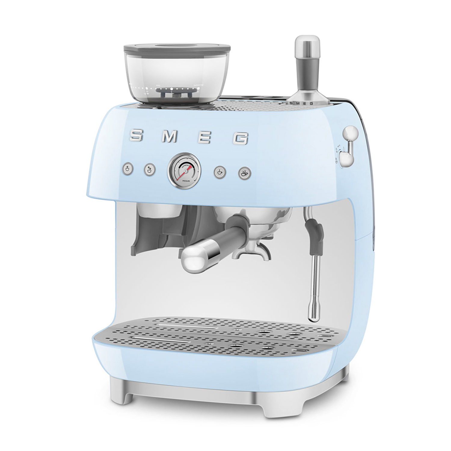 Jasnoniebieska maszyna do espresso Smeg z młynkiem do kawy i manometrem.