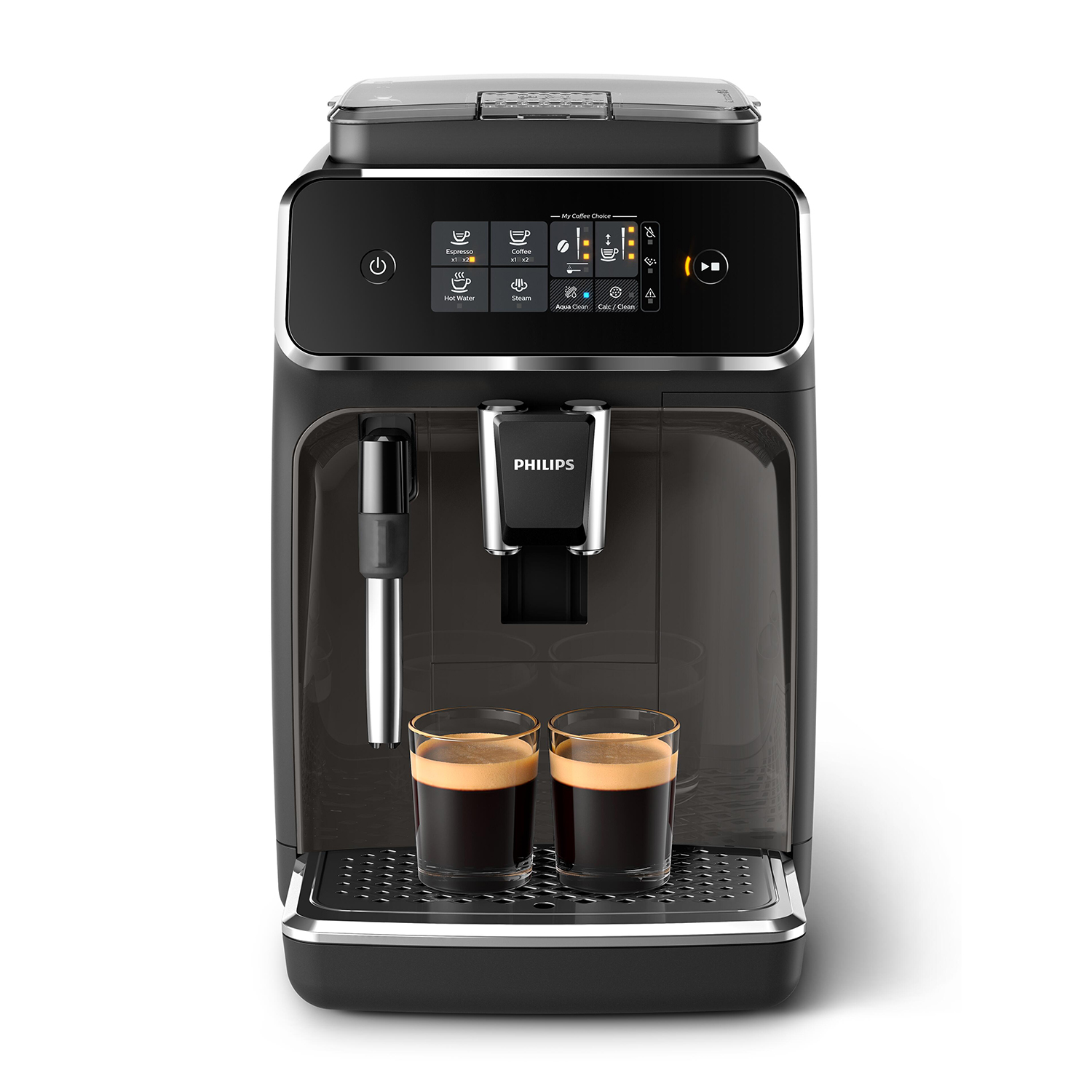 Una cafetera Philips negra con dos vasos de espresso.