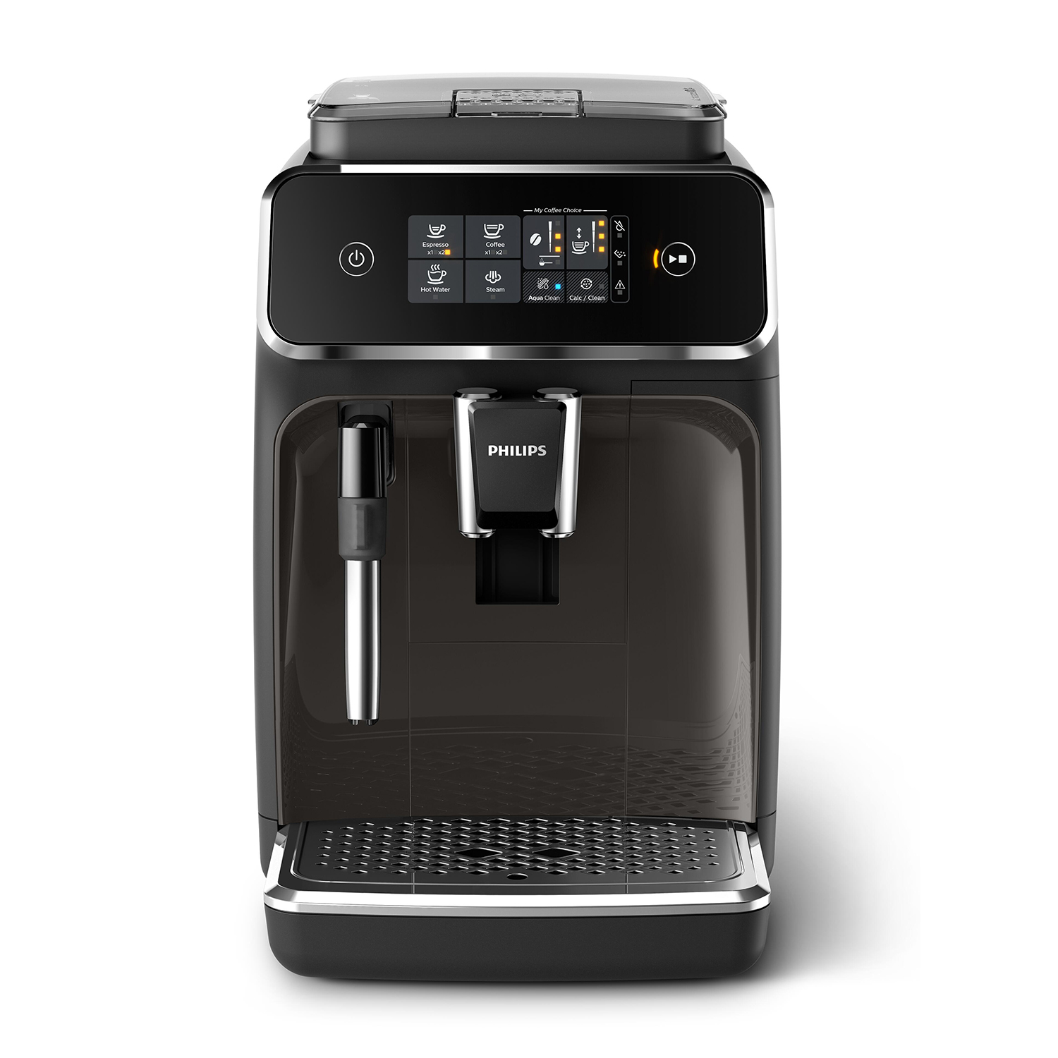 Una cafetera Philips negra con pantalla táctil y vaporizador.