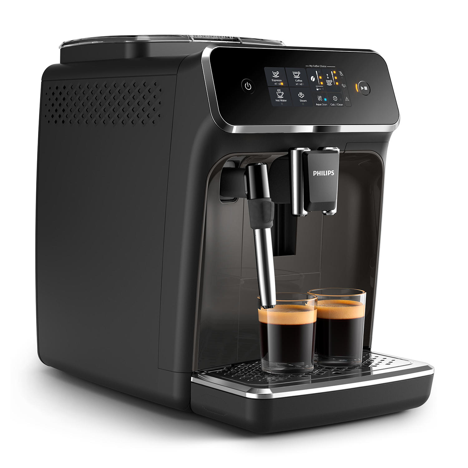 Una cafetera Philips negra con dos vasos de espresso en la bandeja de goteo.