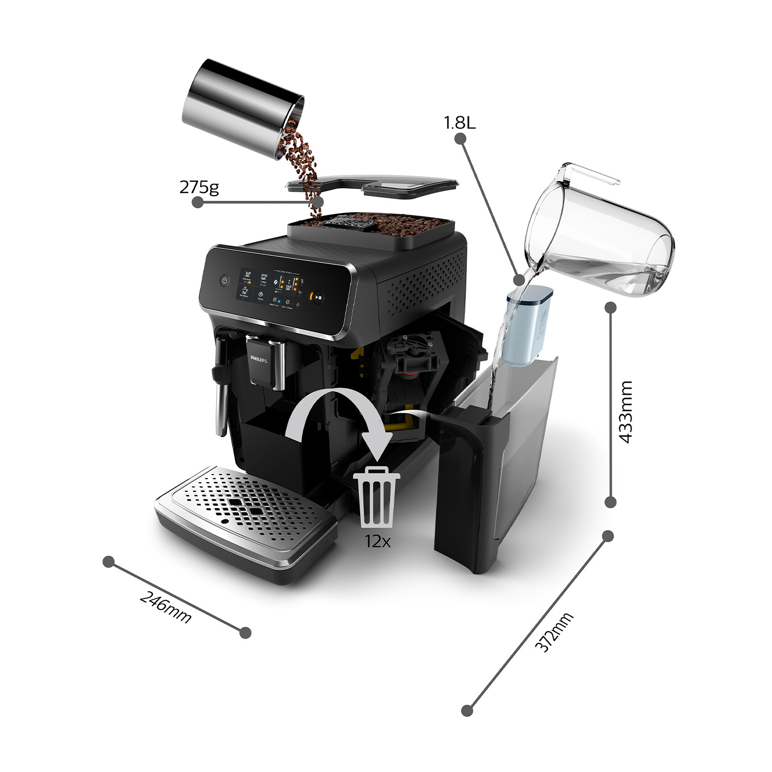 Cafetera con depósito de granos (275g), tanque de agua de 1,8L, medidas 246x372x433mm.